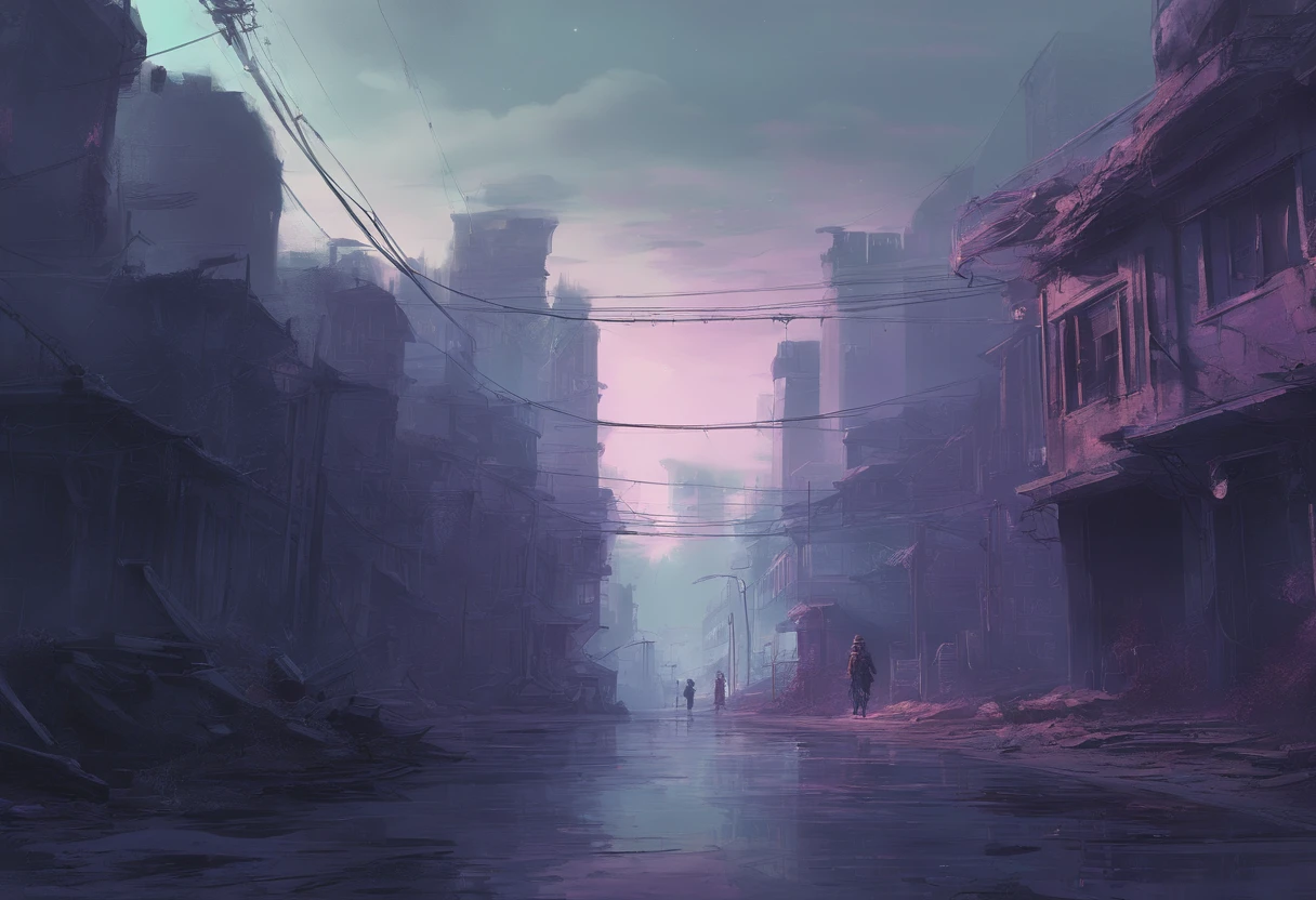 in a desolate and dystopian setting, with an abandoned cityscape covered by a dense fog. The predominant colors are shades of gray, azul escuro e violeta, creating a somber and melancholic atmosphere. The camera moves slowly through the empty streets, highlighting loneliness and emptiness, arte digital estilo lo-fi