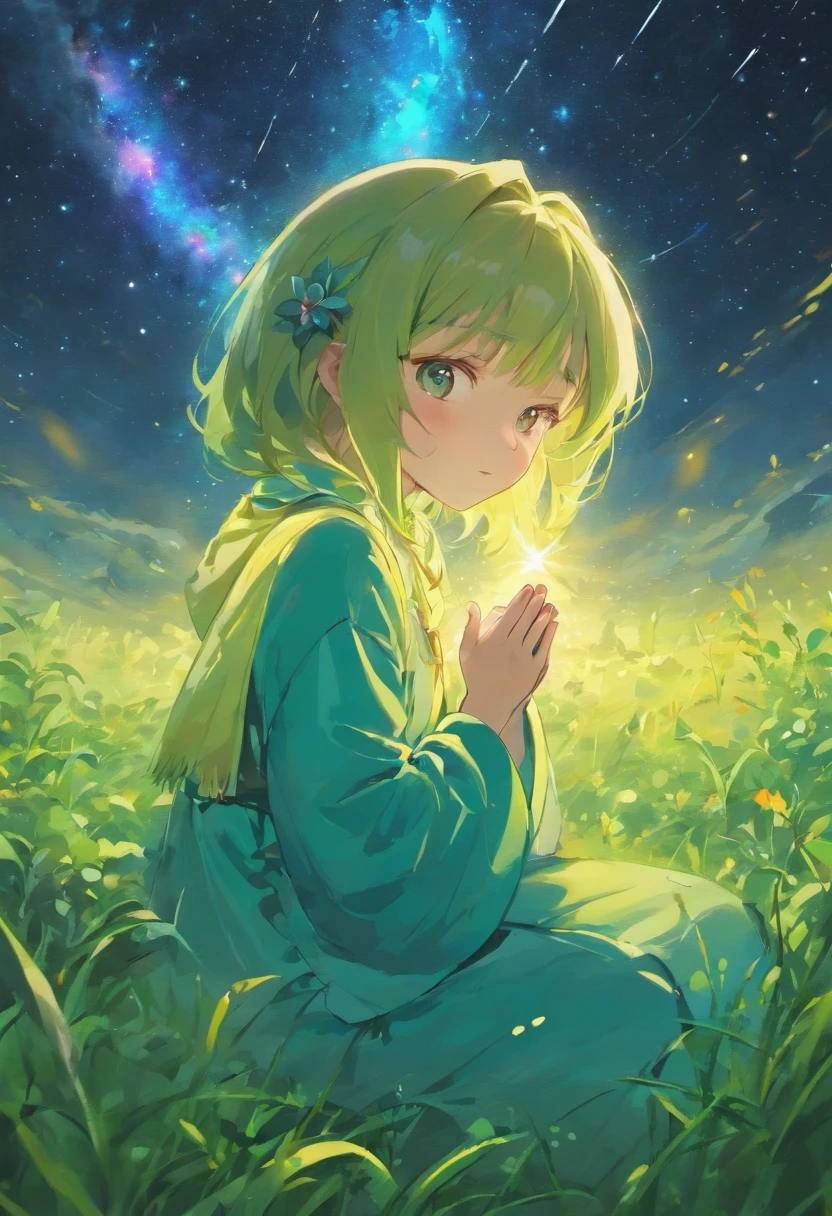 A person in prayer and in tune with God in the grass and with the sky full of galaxies image in 4k and realistic
