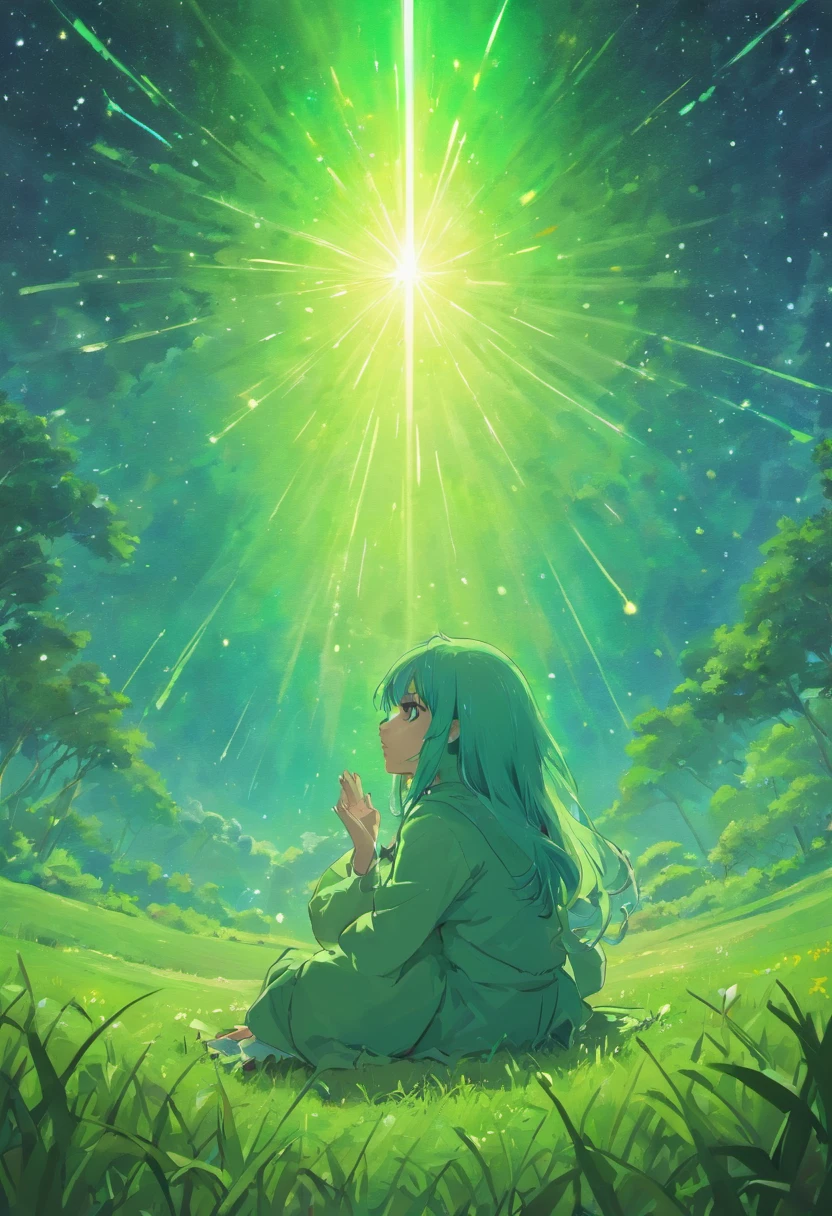 A person in prayer and in tune with God in the grass and with the sky full of galaxies image in 4k and realistic