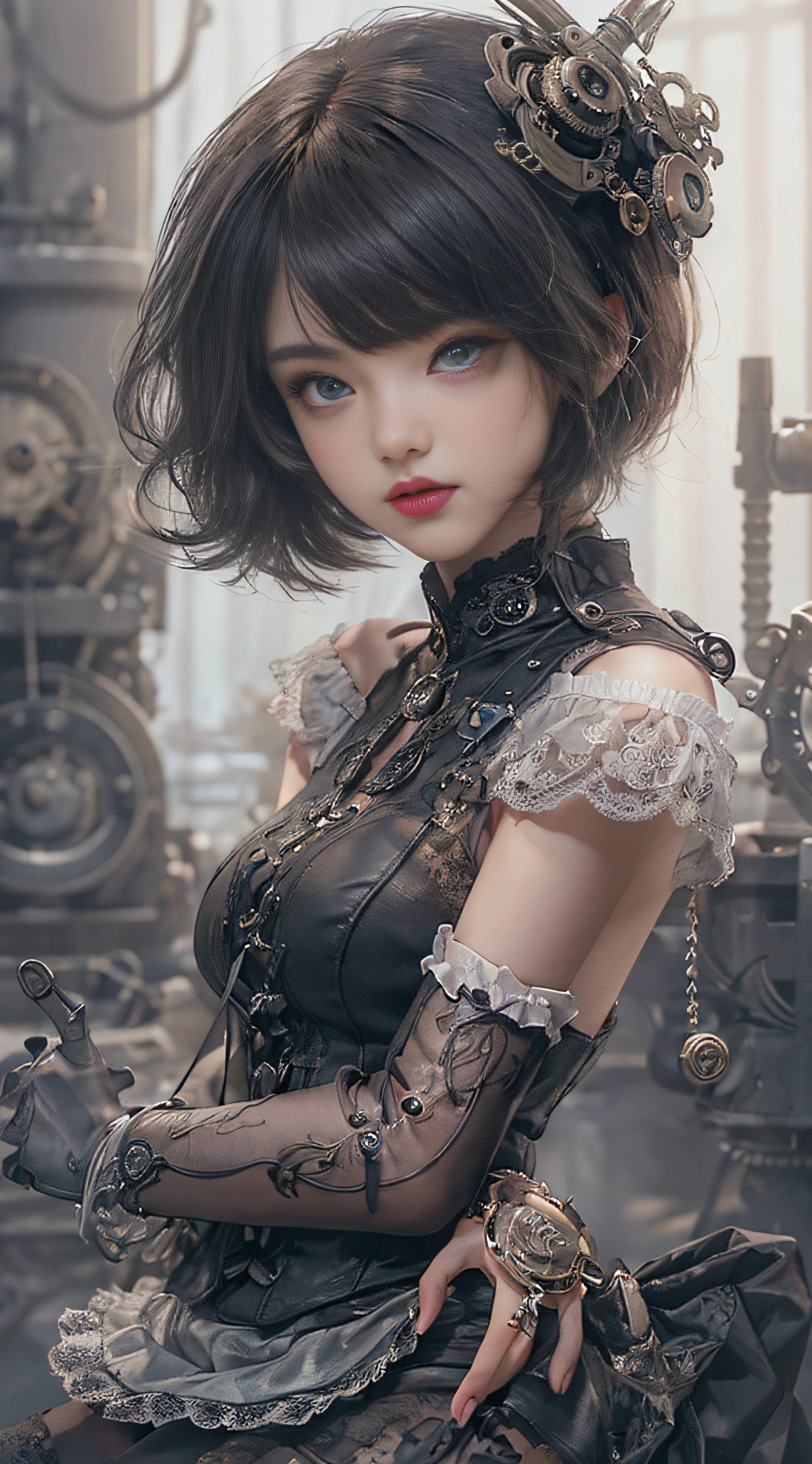 (((Masterpiece, top quality, super detailed))), One female, (((Very Slender body))) , (((Long, thin legs))), (((short black bob, thick puffy bangs))), (((very detailed face))), cosmetics-free, small thin nose, small thin-lipped mouth, (((very sharp focused eyes))), Doll-like eyes, big eyes, lonely eyes, shimmering eyes, gray eyes, long eyelashes, ((Very decorative intricate mechanical steampunk fashion, Lace Flared mini skirt, Lace stockings above the knee, Lace Off-shoulder ta fashion, Overly decorative fashion)), The night an abandoned, intricately mechanized steampunk factory burns and explodes, (((overall accuracy has improved dramatically, creating a super detailed and realistic image))), Super realistic photo.