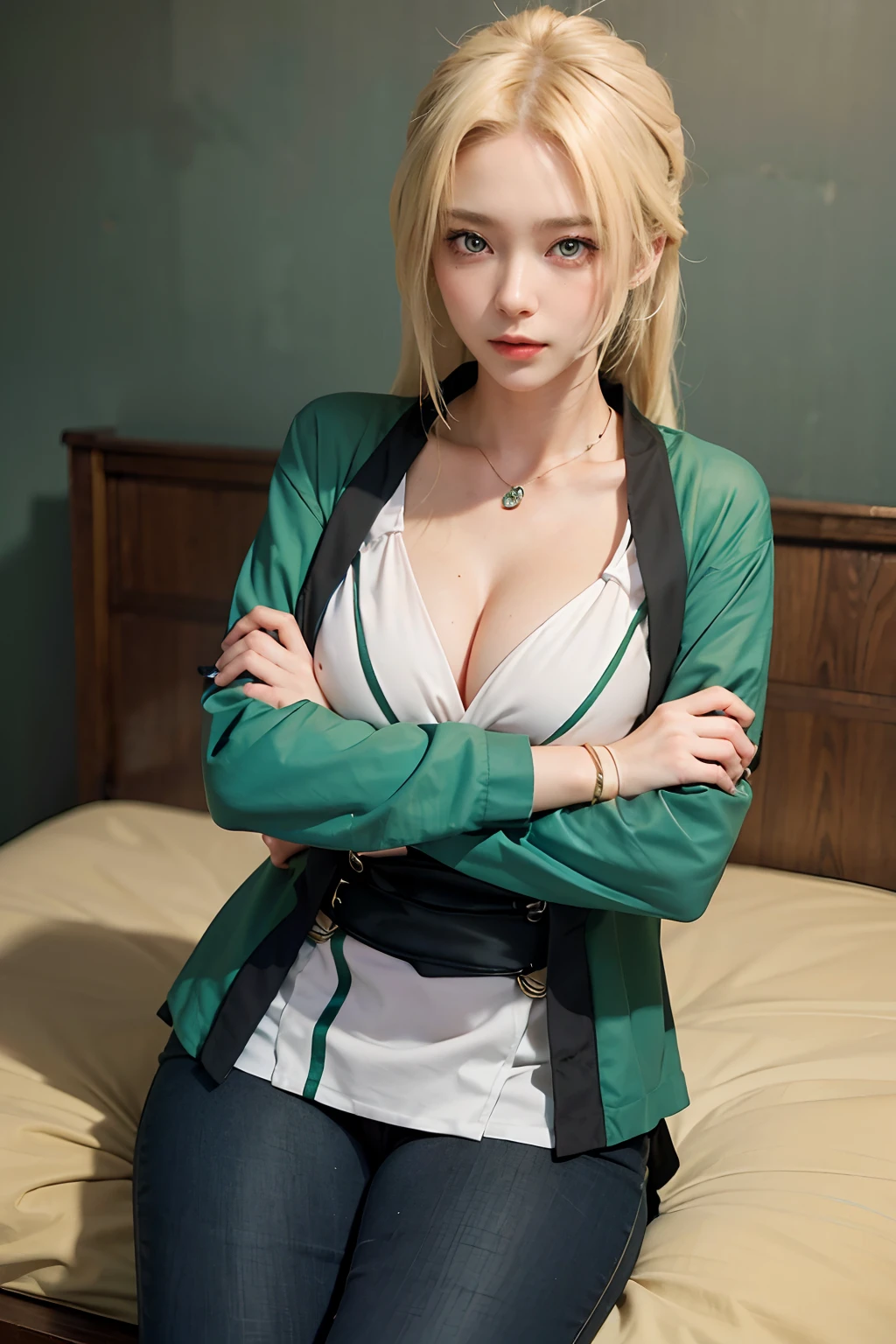 best quality, masterpiece, (photorealistic:1.4), 1girl, raw, ultra hd, dramatical light, glowing skin, blonde long hair, light green eyes,smirk, japanesse girl, big boobs, tsunade senju hair, black trousers,