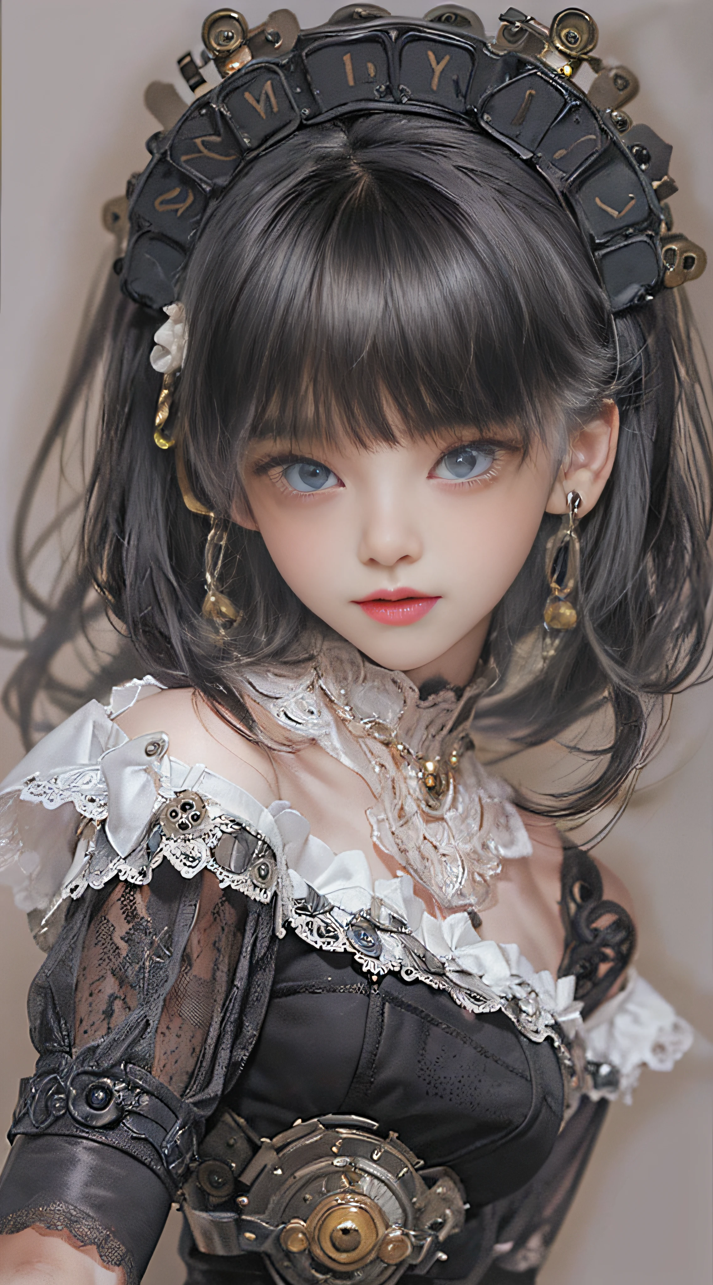 (((Masterpiece, top quality, super detailed))), (((high definition face))), 14 year old female, (((overall accuracy has improved dramatically, creating a super detailed and realistic image))), (((short black bob, thick puffy bangs ))), (((very detailed face))), small thin nose, small thin-lipped mouth, (((very sharp focused eyes))), very large slit precision pale grey eyes, sparkling like jewels, with fringes, ((Steampunk fashion, Off-shoulder gothic ta fashion)),