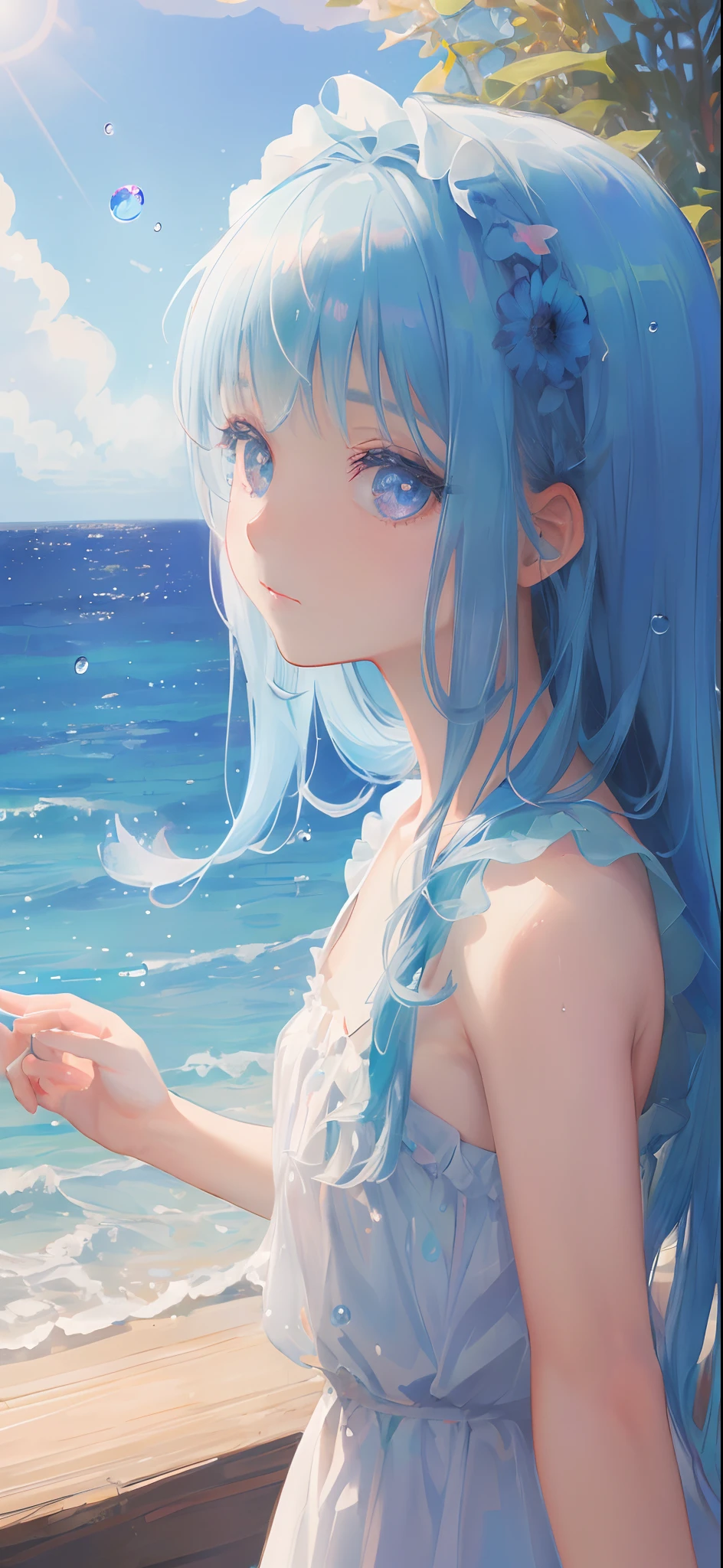 art by dreamy Cornflower (a girl who was petite and had beautiful detailed eyes. The depth of field in the photo was perfect, and the lens flare added a nice touch. The finely detailed features of her face really stood out, and the score for this photo it was definitely bigger than 10. In the background, there was a beautiful ocean with crystal clear water and water droplets on the surface. It was a stunning photo that really captured the beauty of the girl and the water.)