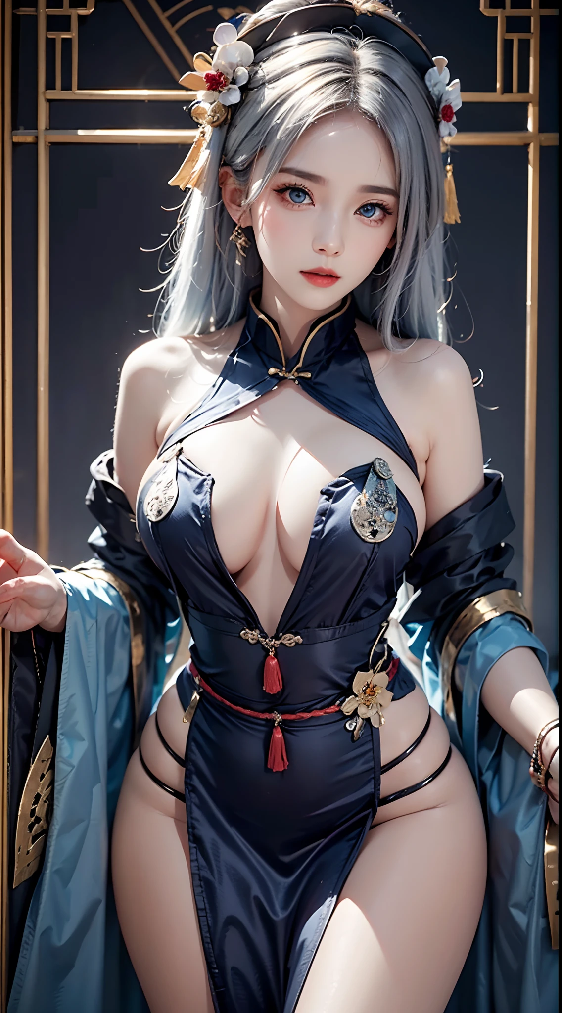 photorealistic, masterpiece, high resolution, soft light, mature female, silver hair, blue eyes, hips up, jewelry, jiangshi, qing_guanmao, breast curtains, ofuda, china dress,qing guanmao,shibari