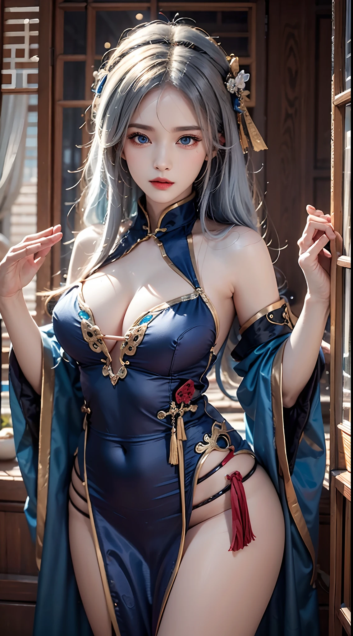 photorealistic, masterpiece, high resolution, soft light, mature female, silver hair, blue eyes, hips up, jewelry, jiangshi, qing_guanmao, breast curtains, ofuda, china dress,qing guanmao,shibari