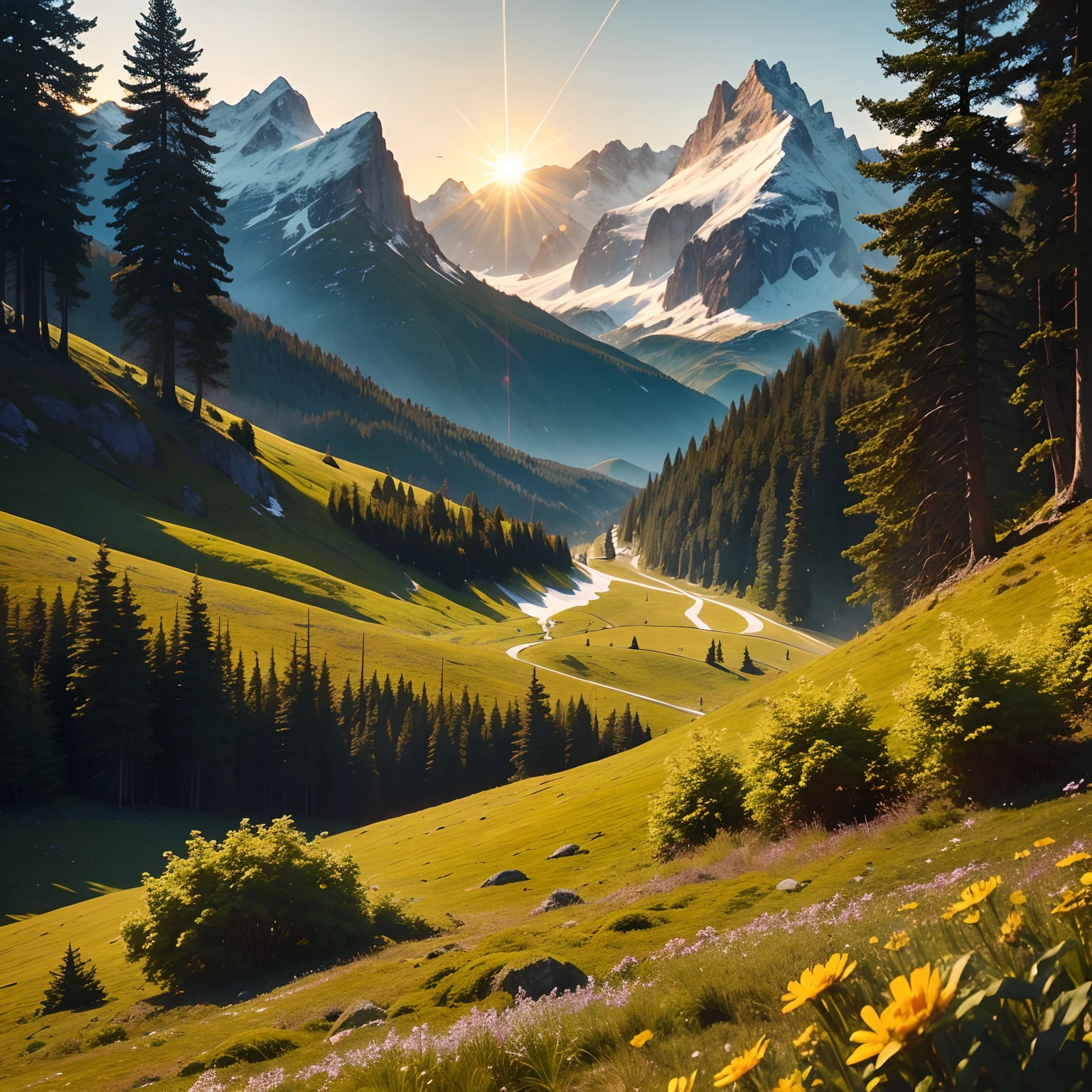 The warm sun shines on the alpine forest in spring,The whole alpine forest looks warm