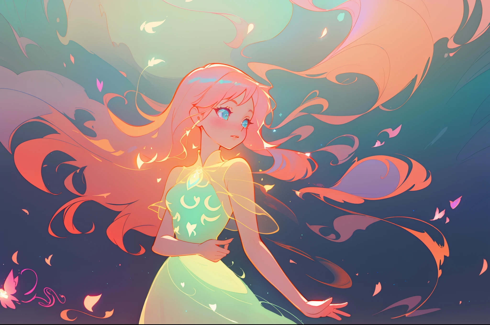 beautiful anime girl in glowing intricately designed ballgown, inspired by Glen Keane, inspired by Lois van Baarle, disney art style, by Lois van Baarle, glowing aura around her, by Glen Keane, jen bartel, glowing lights! digital painting, flowing glowing hair, glowing flowing hair, beautiful digital illustration, fantasia background, whimsical, magical, fantasy, beautiful face, ((masterpiece, best quality)), intricate details, highly detailed, sharp focus, 8k resolution, sparkling detailed eyes, liquid watercolor