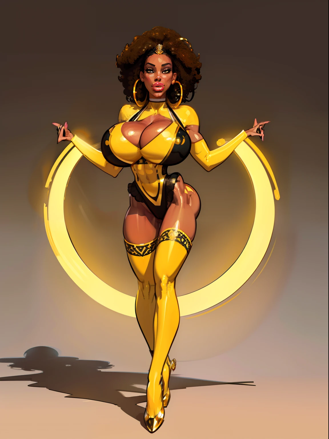 ((masterpiece)),(((best quality))),((character sheet)), ((full body view)) ((african queen)) ((afro)) ((seductive pose)) mature face, defined cheekbones, high cheekbones, illustration, girl, muscular, ((afro:1.4)), sexy bimbo, (gigantic breasts:1.7) brown hair, ((detailed face:1.4)) beautiful woman, (yellow leotard:1.4), (gold hoop earrings:1.6), (thighhighs:1.4) (yellow lipstick:1.5) , shiny skin, scribbles and marks,(puffy lips:1.5) , rough sketches, 8k,16k, (simple background, white background: 1.3), yellow and black color palette, brown legs, orange arms, (black skin:1.7)