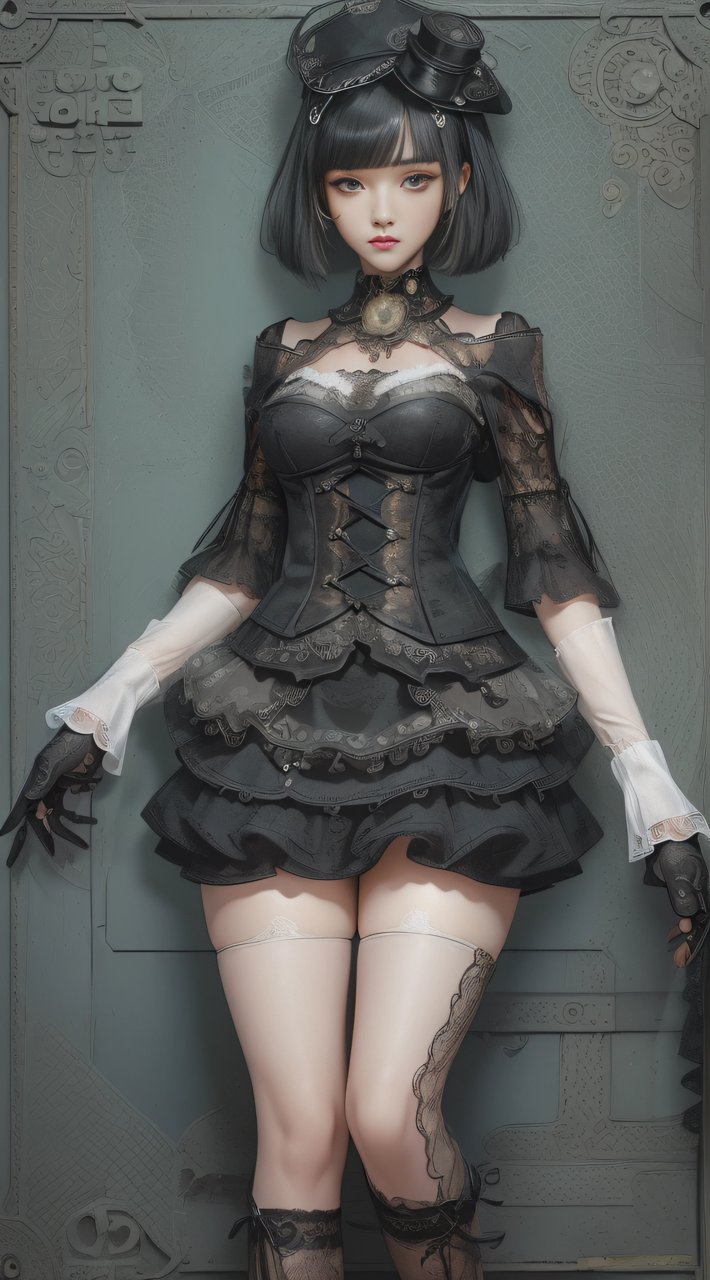 (((Masterpiece, top quality, super detailed))), One female, (((Very Slender body))) , (((Long, thin legs))), (((short black bob, thick puffy bangs))), (((very detailed face))), cosmetics-free, small thin nose, small thin-lipped mouth, (((very sharp focused eyes))), Doll-like eyes, big eyes, lonely eyes, shimmering eyes, gray eyes, long eyelashes, ((Very decorative intricate mechanical steampunk fashion, Lace Flared mini skirt, Lace stockings above the knee, Lace Off-shoulder lolita fashion, Overly decorative fashion)), The night an abandoned, intricately mechanized steampunk factory burns and explodes, (((overall accuracy has improved dramatically, creating a super detailed and realistic image))), Super realistic photo.