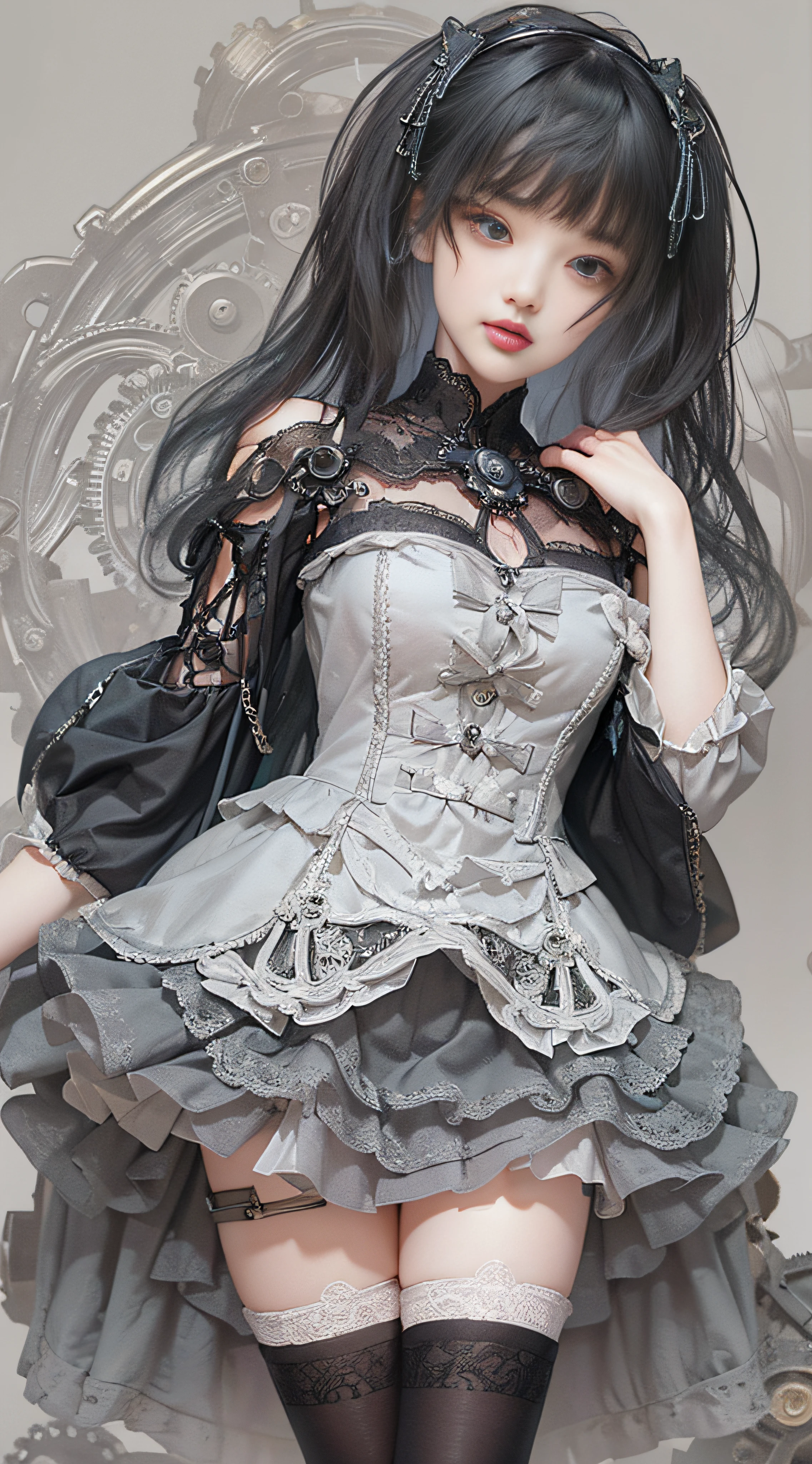 (((Masterpiece, top quality, super detailed))), One female, (((Very Slender body))) , (((Long, thin legs))), (((short black bob, thick puffy bangs))), (((very detailed face))), cosmetics-free, small thin nose, small thin-lipped mouth, (((very sharp focused eyes))), Doll-like eyes, big eyes, lonely eyes, shimmering eyes, gray eyes, long eyelashes, ((Very decorative intricate mechanical steampunk fashion, Lace Flared mini skirt, Lace stockings above the knee, Lace Off-shoulder ta fashion, Overly decorative fashion)), The night an abandoned, intricately mechanized steampunk factory burns and explodes, (((overall accuracy has improved dramatically, creating a super detailed and realistic image))), Super realistic photo.