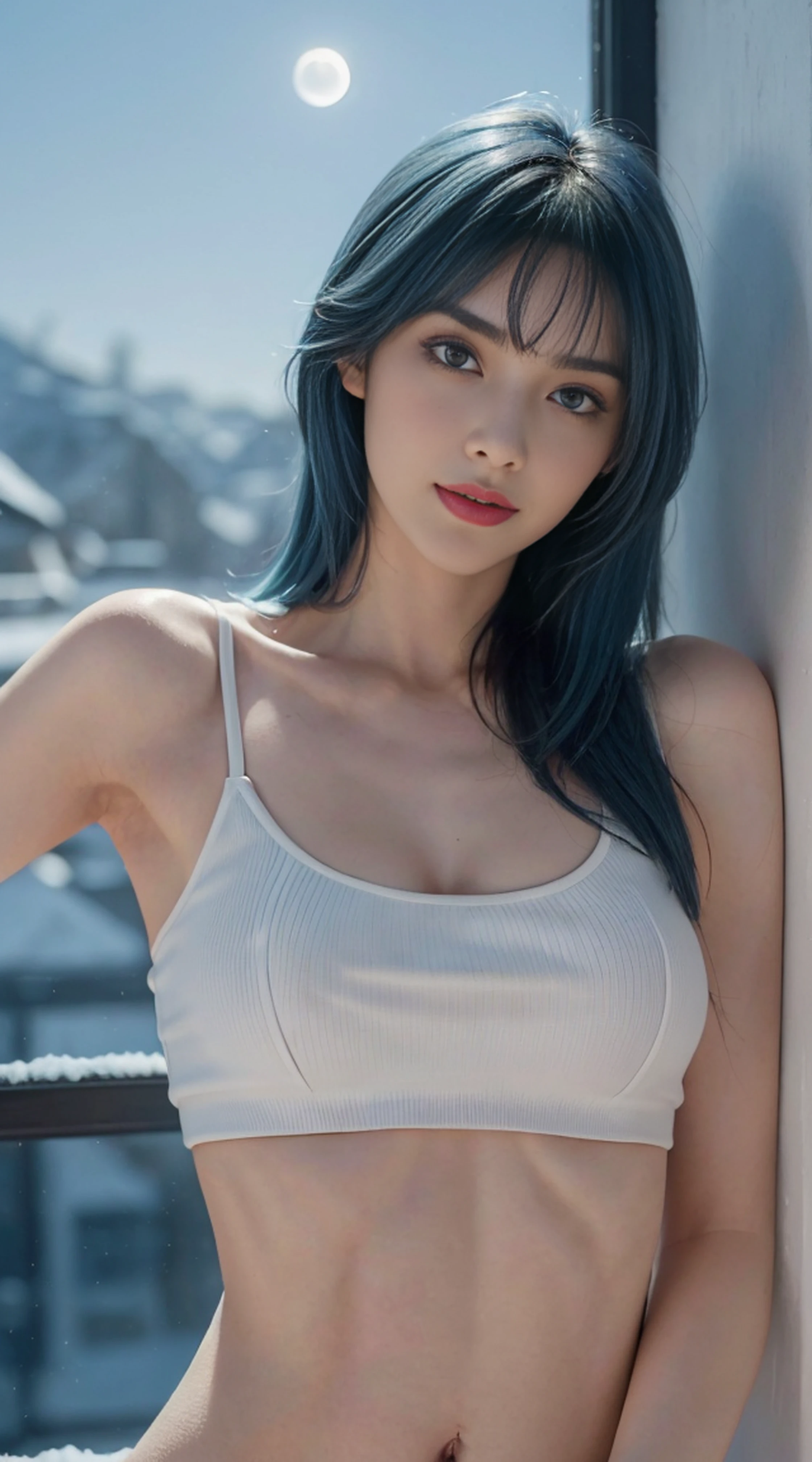 8K, Top Quality, Intricate Details, Ultra Detail, Ultra High Resolution, Masterpiece, random angle, Slender, Smile, (Makeup: 0.4), (Fluffy Blue Eyes: 1.21), blue Eyes, looking at viewer, ((full body)), 1girl, solo, 1 girl, (( full body)), close up shot, , ((tall)), (((fit body))), (((slim face))), sharp face, sharp eyes, (((sky blue hair, long hair, bangs )) , (detailed face), sharp face, small lips,
(( )), ((crop top,)), detailed face, detailed breast, , large breast, detail ass, , Beautiful girl with accentuated slender abs: 1.4, Six Pack Abs: 1.4, Bust Botox, Big, Perfect Body, detail leg, (( moonlight)), in the snow