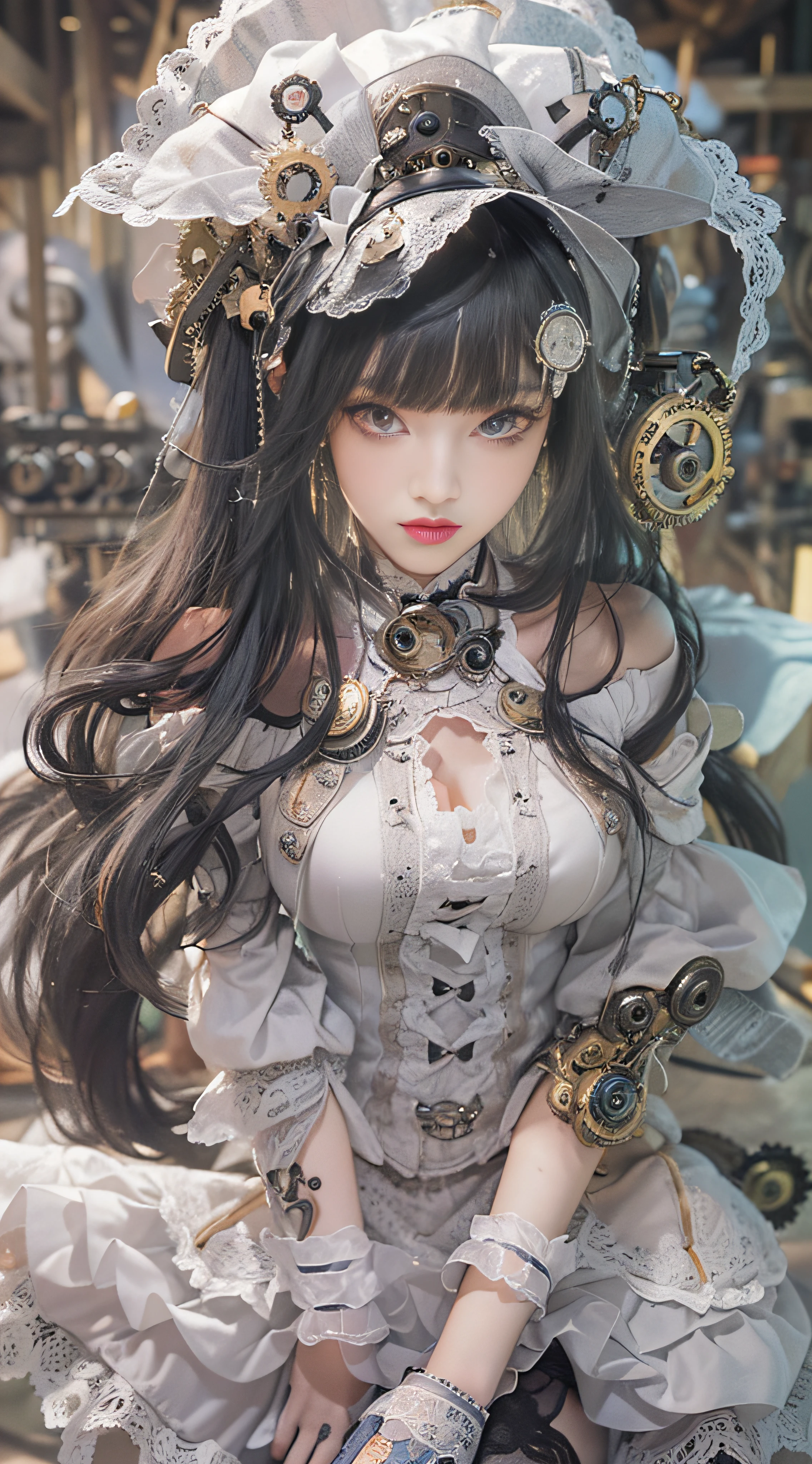 (((Masterpiece, top quality, super detailed))), One female, (((Very Slender body))) , (((Long, thin legs))), (((short black bob, thick puffy bangs))), (((very detailed face))), cosmetics-free, small thin nose, small thin-lipped mouth, (((very sharp focused eyes))), Very large eyes, lonely eyes, precise pale gray eyes, sparkling like jewels, long eyelashes, Long eyelashes, ((Very decorative intricate mechanical steampunk fashion, Lace Flared mini skirt, Lace stockings above the knee, Lace Off-shoulder lolita fashion, Overly decorative fashion)), The night an abandoned, intricately mechanized steampunk factory burns and explodes, (((overall accuracy has improved dramatically, creating a super detailed and realistic image))),  Super realistic photo.