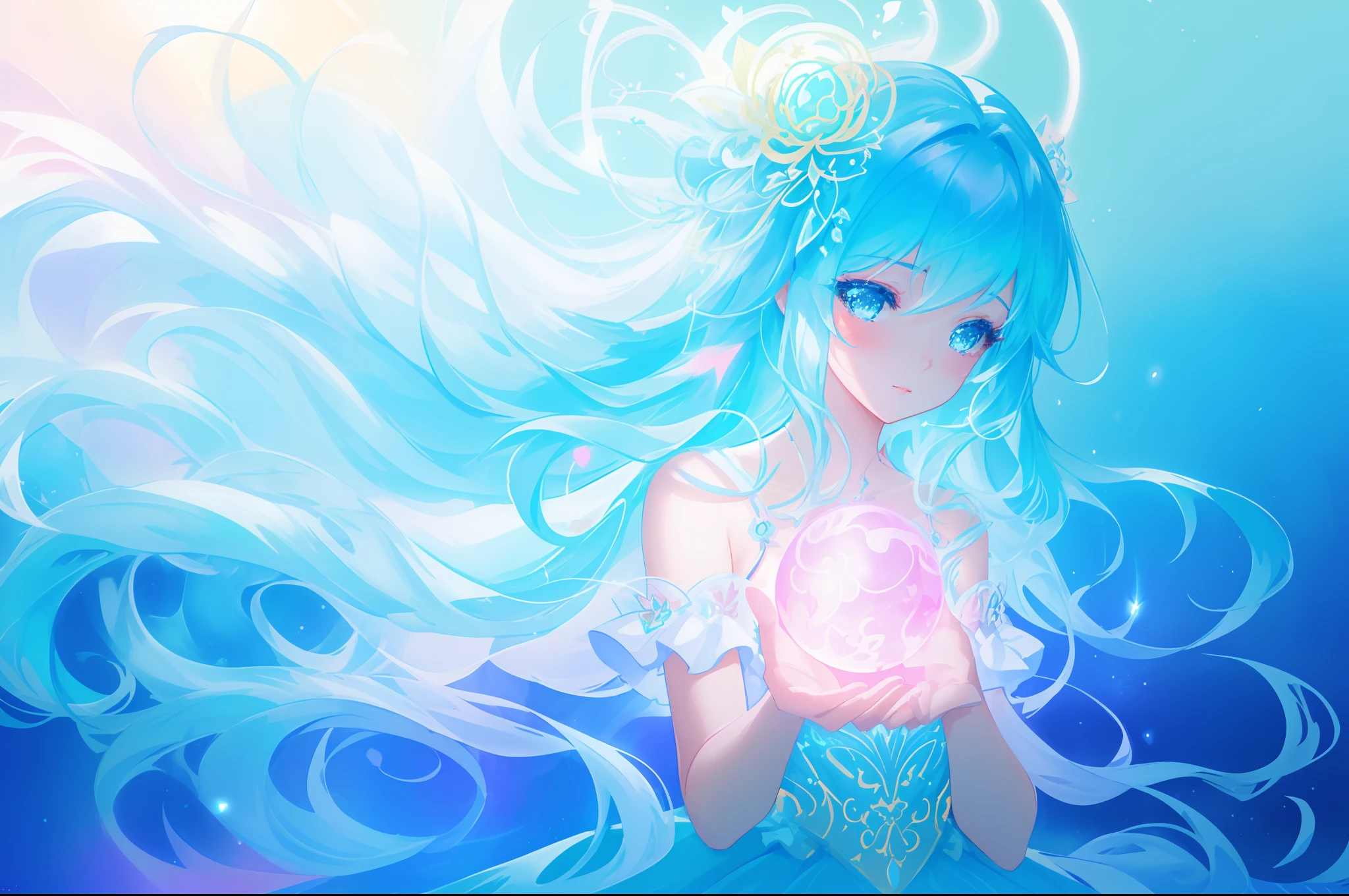 beautiful anime girl in glowing intricately designed ballgown, inspired by Glen Keane, inspired by Lois van Baarle, disney art style, by Lois van Baarle, glowing aura around her, by Glen Keane, jen bartel, glowing lights! digital painting, flowing glowing hair, glowing flowing hair, beautiful digital illustration, fantasia background, whimsical, magical, fantasy, beautiful face, ((masterpiece, best quality)), intricate details, highly detailed, sharp focus, 8k resolution, sparkling detailed eyes, liquid watercolor