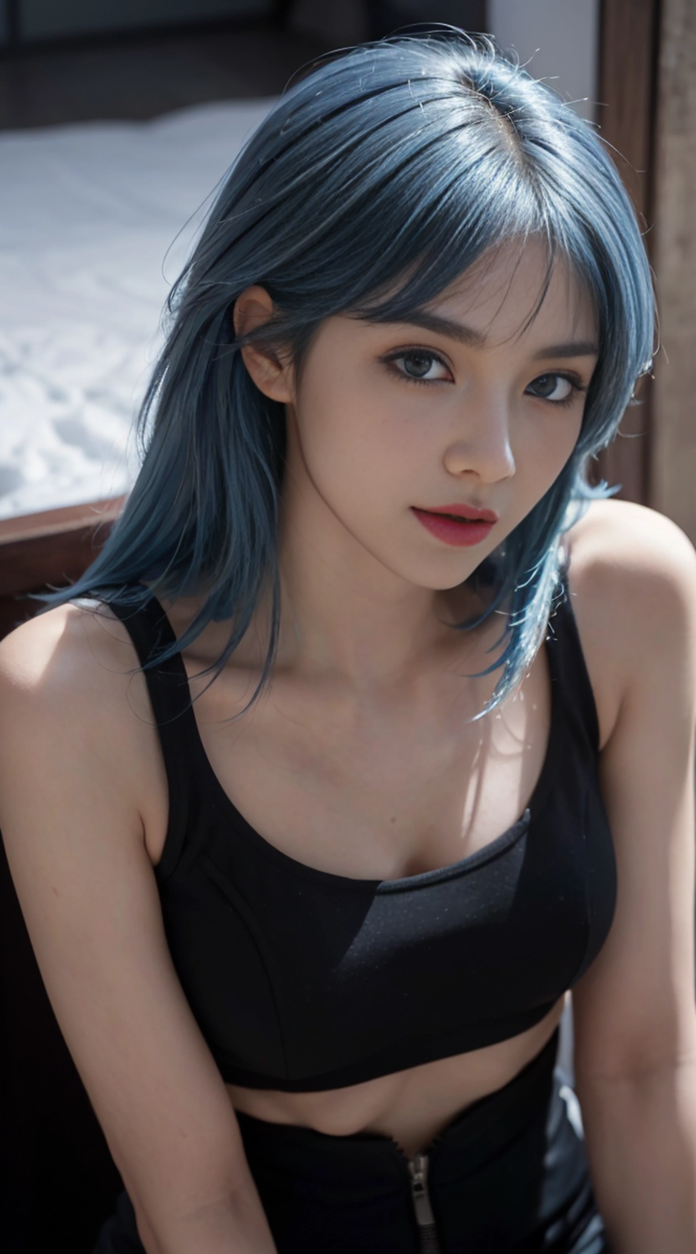 8K, Top Quality, Intricate Details, Ultra Detail, Ultra High Resolution, Masterpiece, random angle, Slender, Smile, (Makeup: 0.4), (Fluffy Blue Eyes: 1.21), blue Eyes, looking at viewer, ((full body)), 1girl, solo, 1 girl, (( full body)), close up shot, , ((tall)), (((fit body))), (((slim face))), sharp face, sharp eyes, (((sky blue hair, long hair, bangs )) , (detailed face), sharp face, small lips,
(( )), ((crop top,)), detailed face, detailed breast, , large breast, detail ass, , Beautiful girl with accentuated slender abs: 1.4, Six Pack Abs: 1.4, Bust Botox, Big, Perfect Body, detail leg, (( moonlight)), in the snow