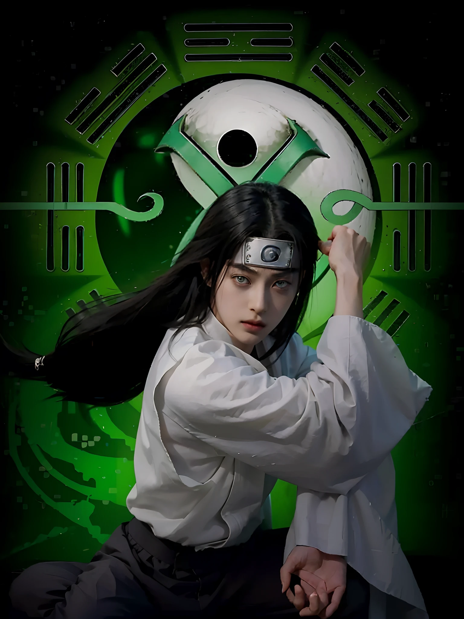 1male, hyuga neji in anime naruto shippuden, long hair , black hair, white light eyes, handsome, white clothes, realistic clothes, detail clothes, beach city background, ultra detail, realistic
