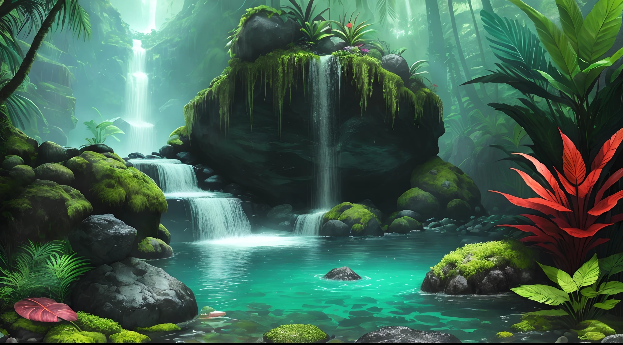 sunny tropical jungle vivid colors asymmetrical waterfall into shallow pool rough chiseled large moss covered boulders (colorful plants:1.2) volumetric fog high contrast
(masterpiece:1.2) (flat vector illustration:1.1) (best quality:1.2) (detailed) (intricate) (8k) (HDR) (wallpaper) (cinematic lighting) (sharp focus)