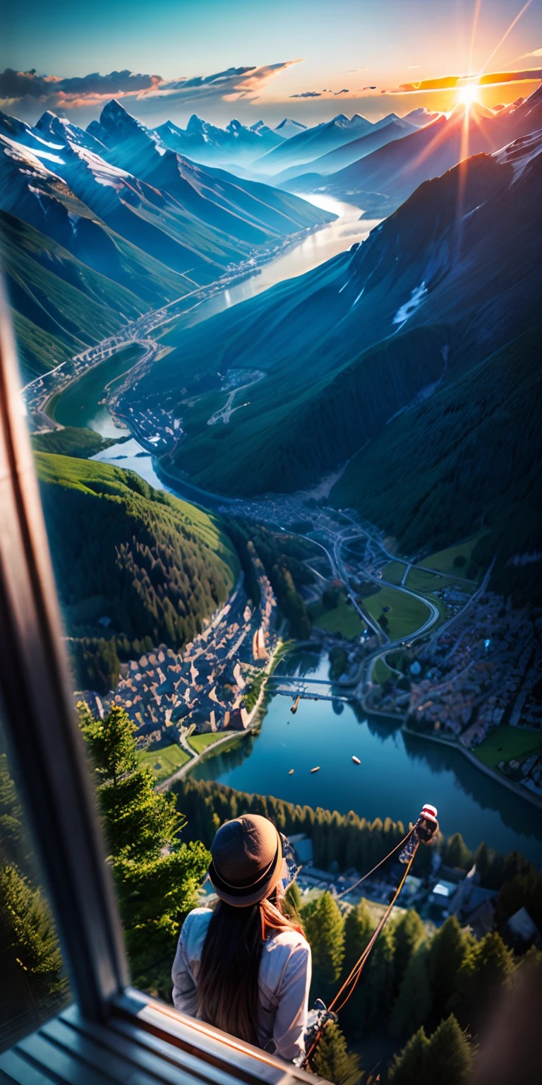 realisticlying、Switzerland、Mountains of Switzerland seen from the mountain cable with beautiful sunset々々々々々々々々First show、19 year old woman staring