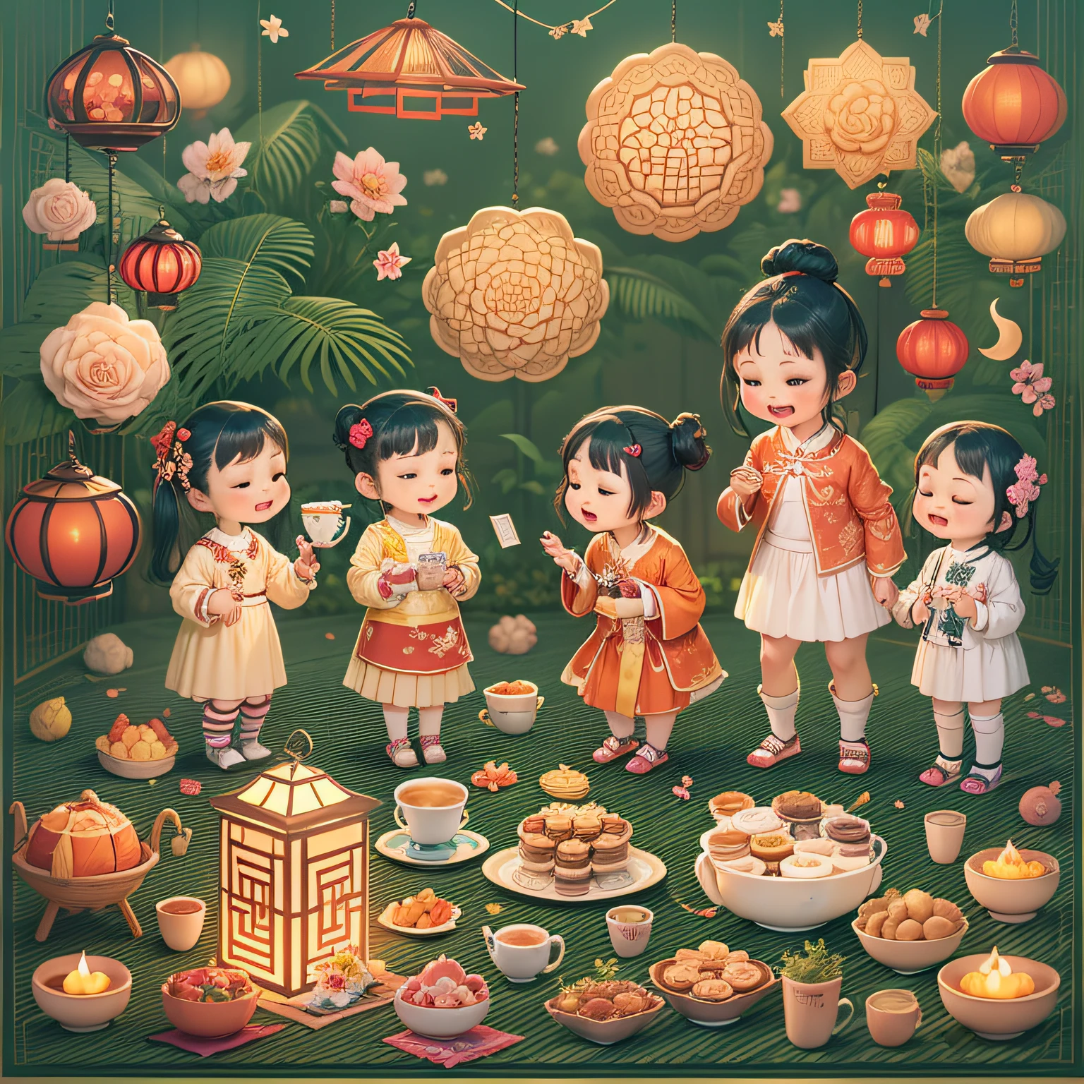 Have a picnic in the moonlight,Fun family gathering,Bonding moments,Delicious mooncakes,Bright full moon,glistening stars,Beautiful garden，colorful flower,Traditional lanterns,Caring family members,Enjoy the cool night breeze,laughter and joy,Decorate mooncake boxes,The smell of freshly brewed tea,Peaceful and relaxing atmosphere,(moon full),Traditional Chinese jewelry,Traditional Chinese costumes,Share stories and memories,Happy kids playing games,Decorate tea sets and cups,Traditional Chinese pottery and porcelain,Admire the beauty of nature,Savor the sweetness of mooncakes,Soft twinkling candlelight,Family bonds and love,Lantern-lit paths,Round and golden mooncakes,Colorful colorful、Intricate Chinese knots,dynamic and lively atmosphere,A wide variety of mooncakes.