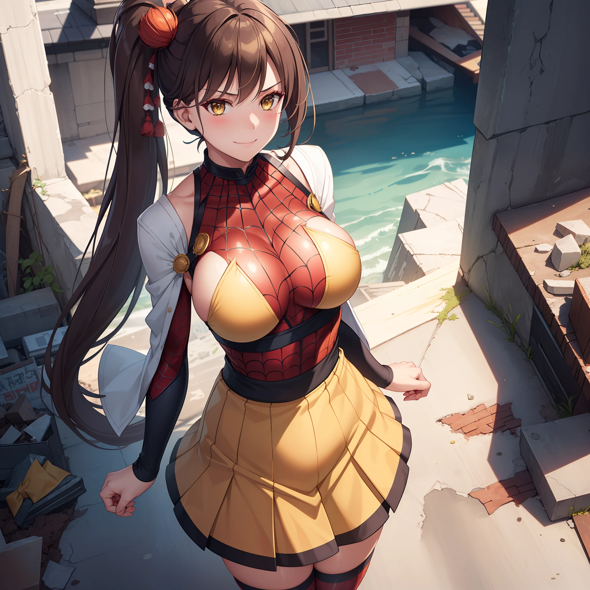 1girl,Zuikaku in Spiderman costume,gigantic breasts,superhero pose,standing in ruined city,(8k),scratches,detailed face,brown hair,yellow eyes,very long hair,embarassed,small smile face, side ponytail,orange eyeshadow,hair ornament, high_res, high_definition,