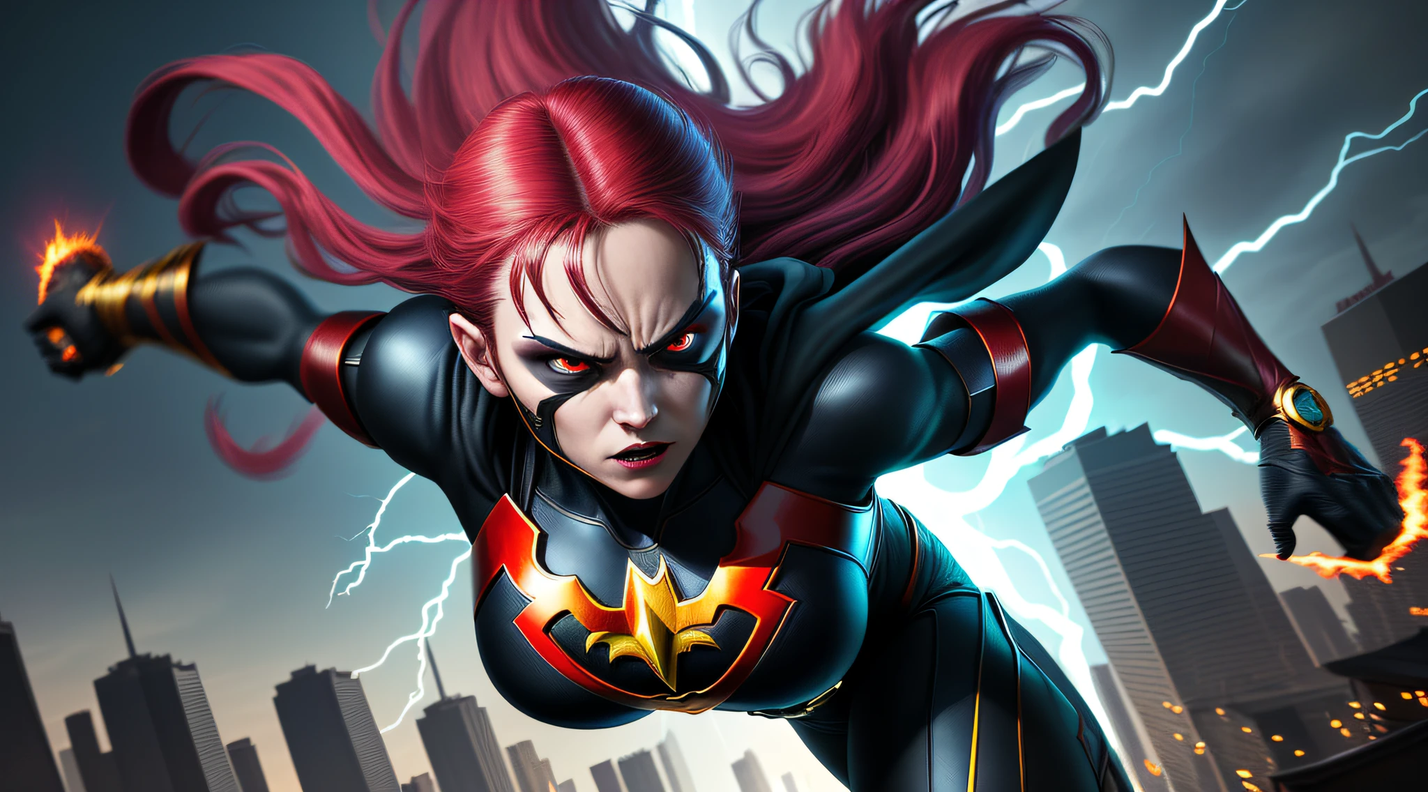 vampire female a powerful hero, vibrant colors, dynamic lighting, detailed costume, intense action scene, extraordinary abilities, breathtaking special effects, cinematic quality, epic showdown, realistic CGI, high-definition resolution, iconic superhero pose, dramatic composition, city skyline backdrop, intense facial expression, intense energy aura, superhero emblem, superhuman strength, flying abilities, lightning-fast speed, invincibility, heroic determination, explosive power, heroic justice, iconic mask, heroic cape, agile movements, intense battle intensity, superheroic charisma, immersive storytelling, larger-than-life presence, thrilling adventure, victorious triumph, ultimate superhero