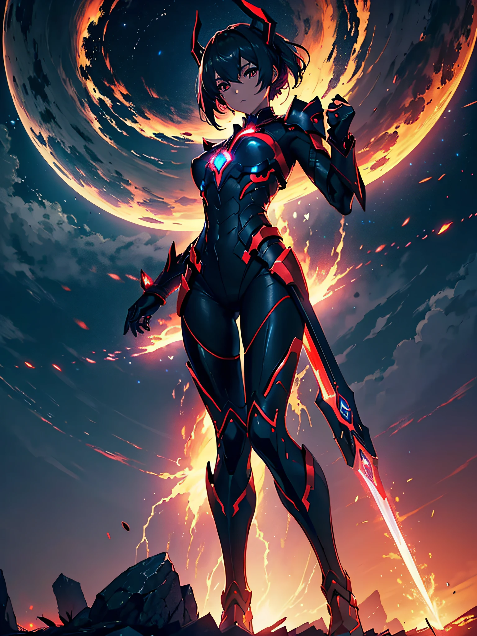 Elesis crimson avenger, totally dark background, dark, pointing her crimson sword downwards, air of superiority, barely visible sky, full body, photography, red scarlet tones, (ultra-realistic), {extremely detailed 8k CG unity wallpaper }, expansive landscape photography, (a low view that prioritizes the character and setting, wide open field view), (low angle shot), (high light: 1.7), (low light: 1.5), (source warm light: 1.2), complex details, (iridescent colors: 1.2), (bright lighting), (atmospheric lighting), dreamy, Elsword, Badass