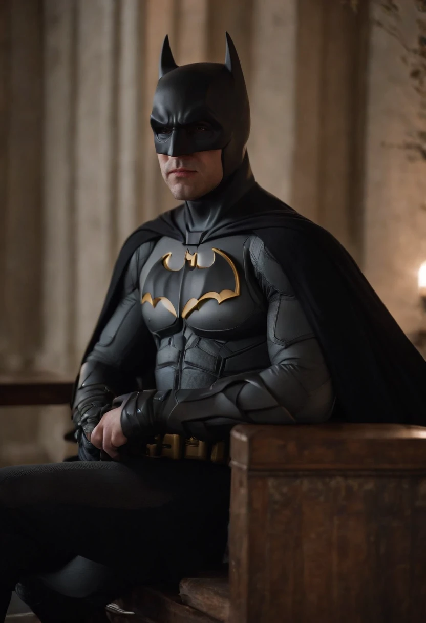 Countryside gentleman batman shot by sofia coppola, staring at camera, sitting on a bench::Cinematic light, extremely detailed