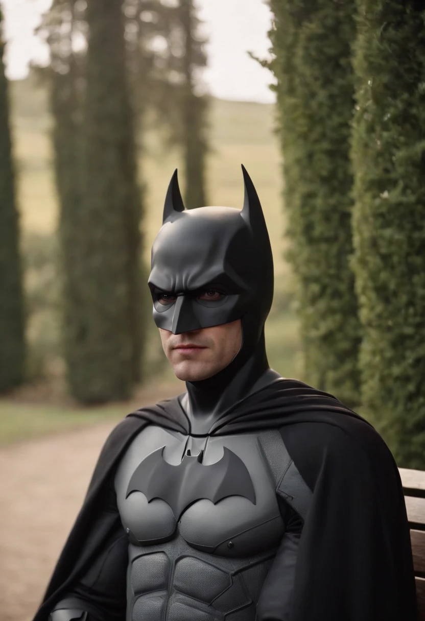 Countryside gentleman batman shot by sofia coppola, staring at camera, sitting on a bench::Cinematic light, extremely detailed
