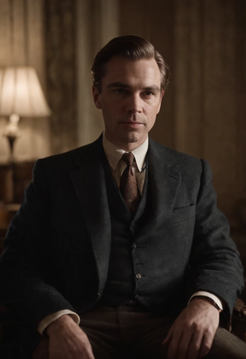 Countryside gentleman batman shot by sofia coppola, staring at camera, sitting on a bench::Cinematic light, extremely detailed