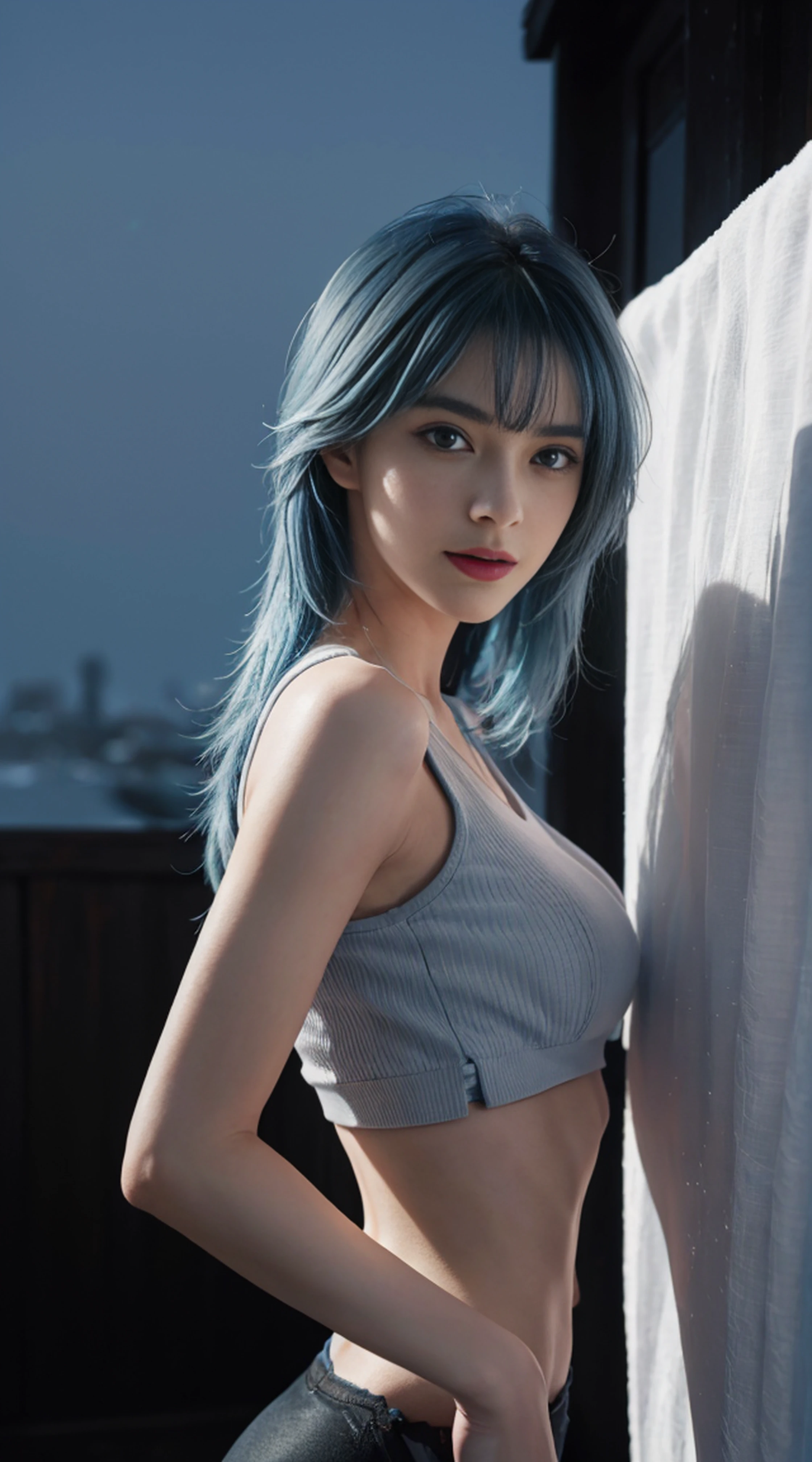 8K, Top Quality, Intricate Details, Ultra Detail, Ultra High Resolution, Masterpiece, random angle,  Slender, Smile, (Makeup: 0.4), (Fluffy Blue Eyes: 1.21), blue Eyes, looking at viewer, ((full body)), 1girl, solo, 1 girl, (( full body)), close up shot, , ((tall)), (((fit body))), (((slim face))), sharp face, sharp eyes, (((sky blue hair,  long hair, bangs )) , (detailed face), sharp face, small lips, 
 (( )), ((crop top,)),  detailed face, detailed breast, , large breast, detail ass, , Beautiful girl with accentuated slender abs: 1.4, Six Pack Abs: 1.4, Bust Botox, Big, Perfect Body, detail leg, (( moonlight)), in the snow