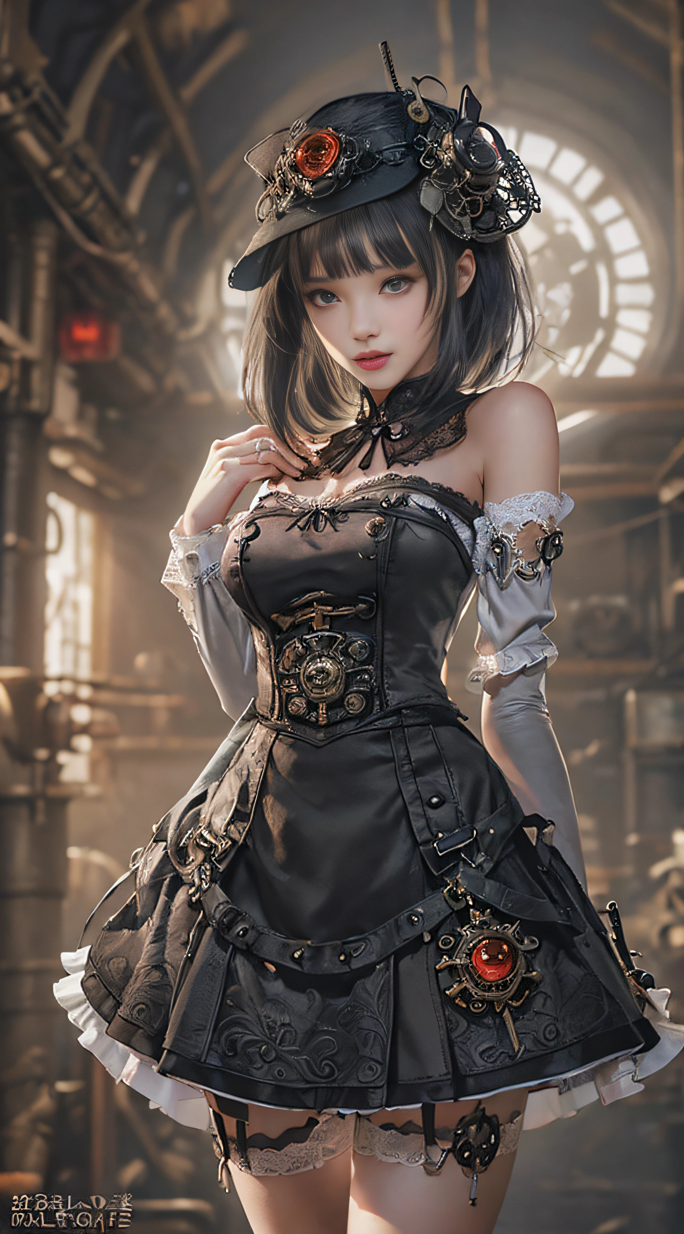 (((Masterpiece, top quality, super detailed))), One female, (((Very Slender body))) , (((Long, thin legs))), (((short black bob, thick puffy bangs ))), (((very detailed face))), cosmetics-free, small thin nose, small thin-lipped mouth, (((very sharp focused eyes))), large slit precision pale grey eyes, sparkling like jewels, Long eyelashes, ((Very decorative intricate mechanical steampunk fashion, Lace Flared mini skirt, Lace stockings above the knee, Lace Off-shoulder lolita fashion, Overly decorative fashion)), The night an abandoned, intricately mechanized steampunk factory burns and explodes, (((overall accuracy has improved dramatically, creating a super detailed and realistic image))), Super realistic photo.