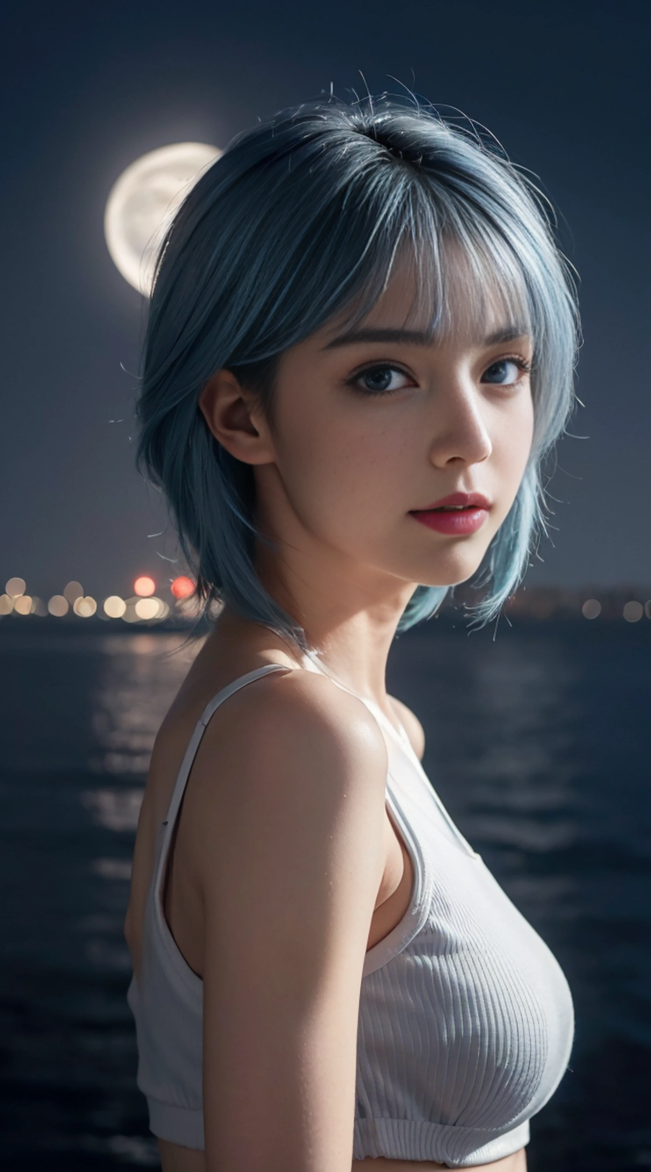 8K, Top Quality, Intricate Details, Ultra Detail, Ultra High Resolution, Masterpiece, random angle, Slender, Smile, (Makeup: 0.4), (Fluffy Blue Eyes: 1.21), blue Eyes, looking at viewer, ((full body)), 1girl, solo, 1 girl, (( full body)), close up shot, , ((tall)), (((fit body))), (((slim face))), sharp face, sharp eyes, (((sky blue hair, long hair, bangs )) , (detailed face), sharp face, small lips,
(( )), ((crop top,)), detailed face, detailed breast, , large breast, detail ass, , Beautiful girl with accentuated slender abs: 1.4, Six Pack Abs: 1.4, Bust Botox, Big, Perfect Body, detail leg, (( moonlight)), in the snow