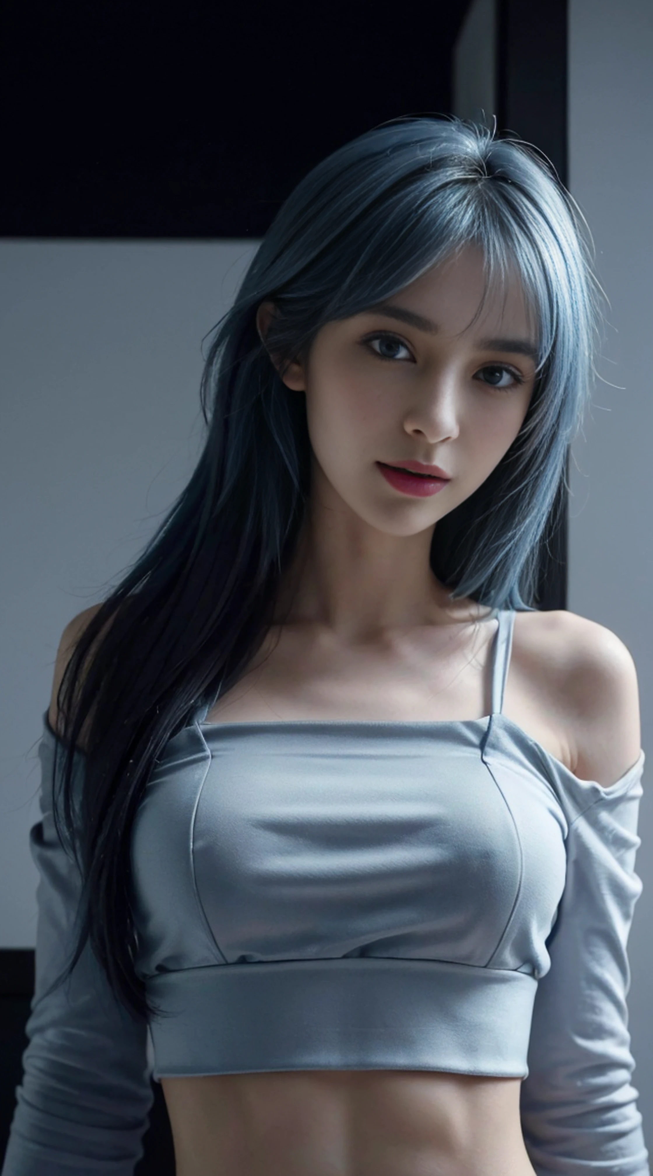 8K, Top Quality, Intricate Details, Ultra Detail, Ultra High Resolution, Masterpiece, random angle, Slender, Smile, (Makeup: 0.4), (Fluffy Blue Eyes: 1.21), blue Eyes, looking at viewer, ((full body)), 1girl, solo, 1 girl, (( full body)), close up shot, , ((tall)), (((fit body))), (((slim face))), sharp face, sharp eyes, (((sky blue hair, long hair, bangs )) , (detailed face), sharp face, small lips,
(( )), ((crop top,)), detailed face, detailed breast, , large breast, detail ass, , Beautiful girl with accentuated slender abs: 1.4, Six Pack Abs: 1.4, Bust Botox, Big, Perfect Body, detail leg, (( moonlight)), in the snow