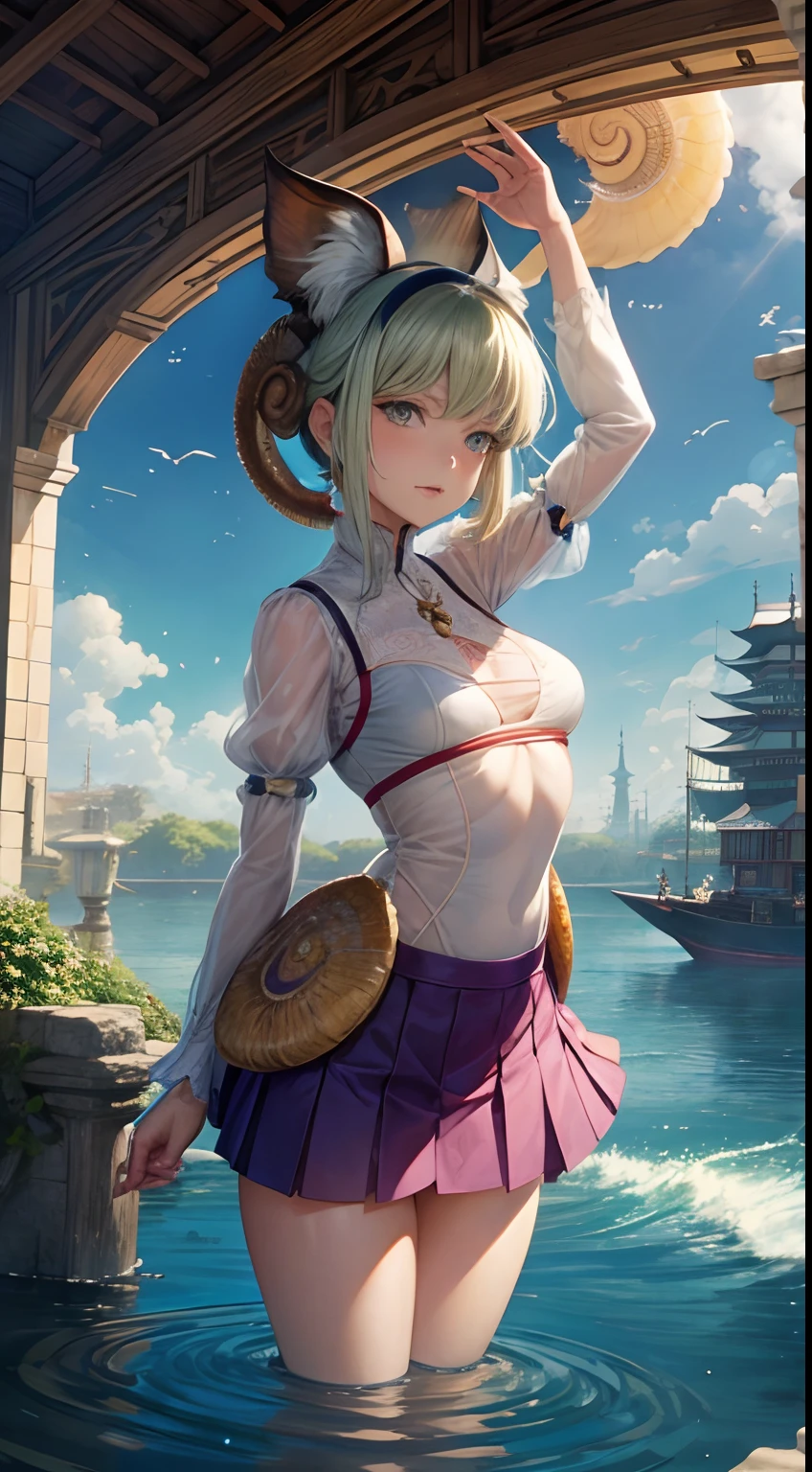 Margaret Tarrant, Kate Greenaway, Charles Robinson, Hayao Miyazaki, Japanese Anime, Surreal Mysterious Weird Fantastic Sci-fi Fantasy Alternative World Tokyo Scenery, Ammonite Stairs, Aerial Cloud Train, Monkfish Taxi, Conch Building, beautiful Miniskirt Girl Walking, hyperdetailed high resolution high definition high quality masterpiece, detailed face, super ultra tight short skirt, not hiding ass, tiny white panty sweat see through transparent, huge perky tits, tiny bikini top
