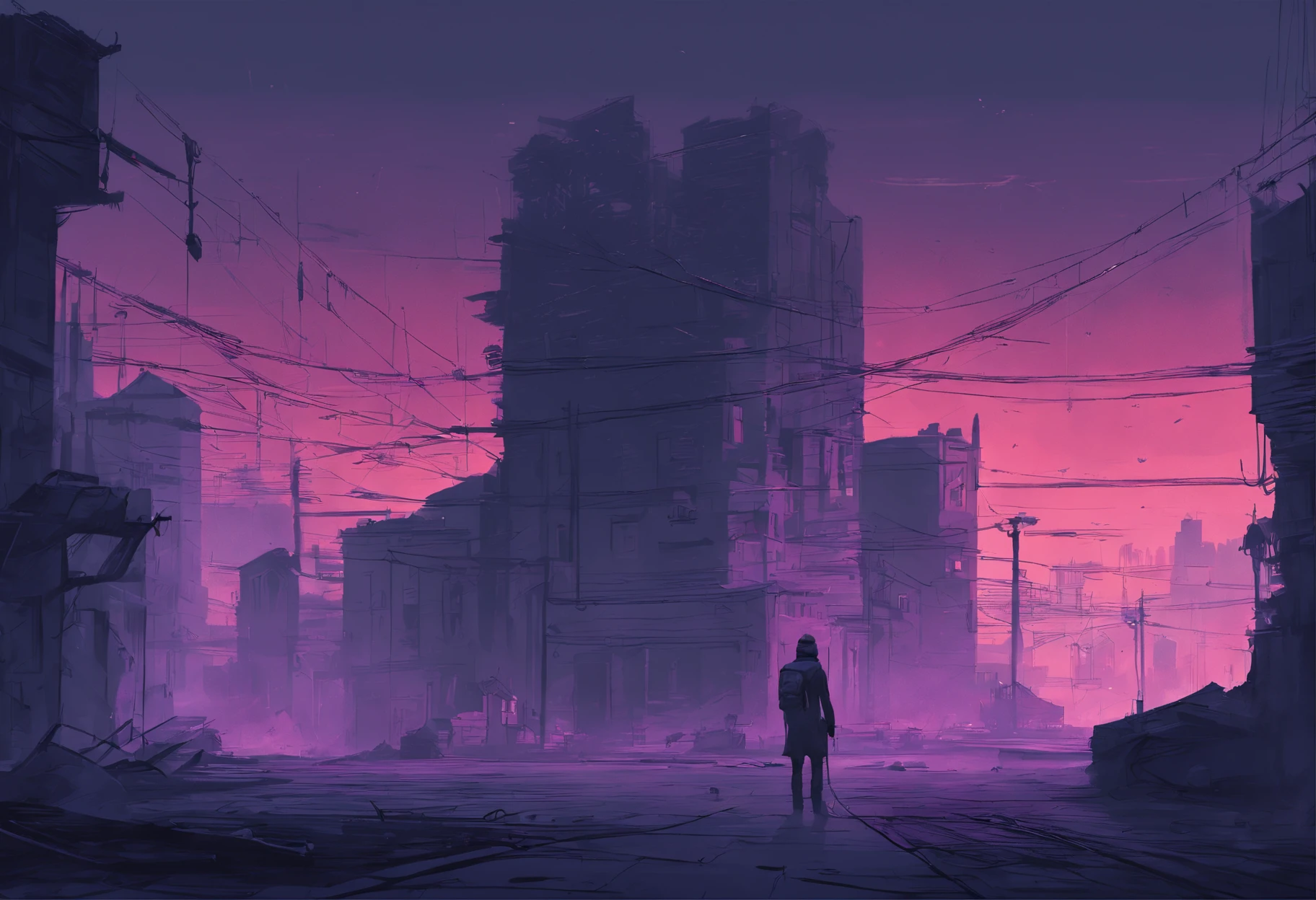 in a desolate and dystopian setting, with an abandoned cityscape covered by a dense fog. The predominant colors are shades of gray, azul escuro e violeta, creating a somber and melancholic atmosphere. The camera moves slowly through the empty streets, highlighting loneliness and emptiness, arte digital estilo lo-fi