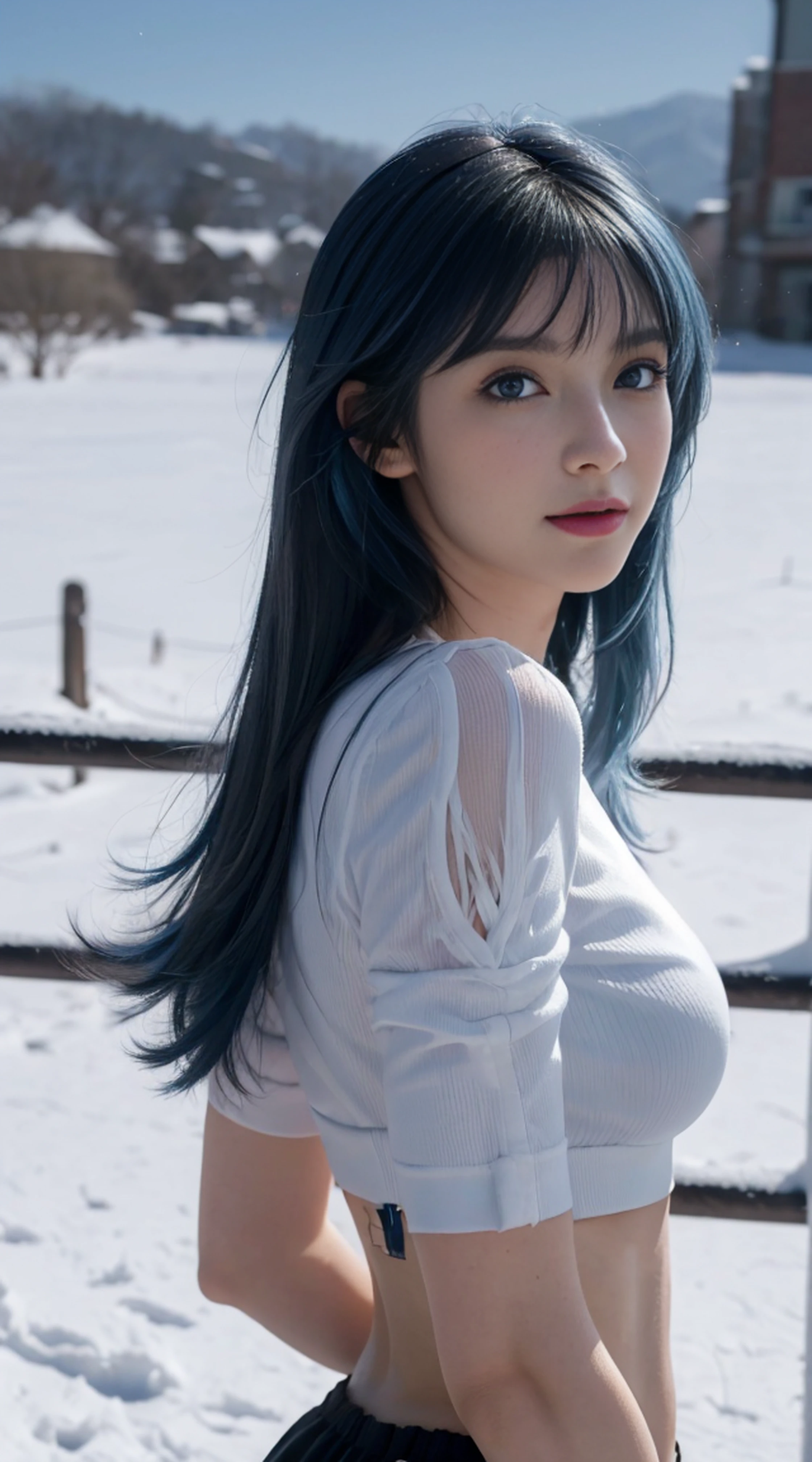 8K, Top Quality, Intricate Details, Ultra Detail, Ultra High Resolution, Masterpiece, ((from behind)), Slender, Smile, (Makeup: 0.4), (Fluffy Blue Eyes: 1.21), blue Eyes, looking at background, ((full body)), 1girl, solo, 1 girl, (( full body)), close up shot, standing , ((tall)), (((fit body))), (((slim face))), sharp face, sharp eyes, (((sky blue hair, long hair, bangs)) (detailed face), sharp face, small lips, ((crop top)), detailed face, detailed breast, , large breast, detail ass, big ass, round ass , Beautiful girl with accentuated slender abs: 1.4, Six Pack Abs: 1.4, Bust Botox, Big, Perfect Body, detail leg, (( moonlight)), in the snow