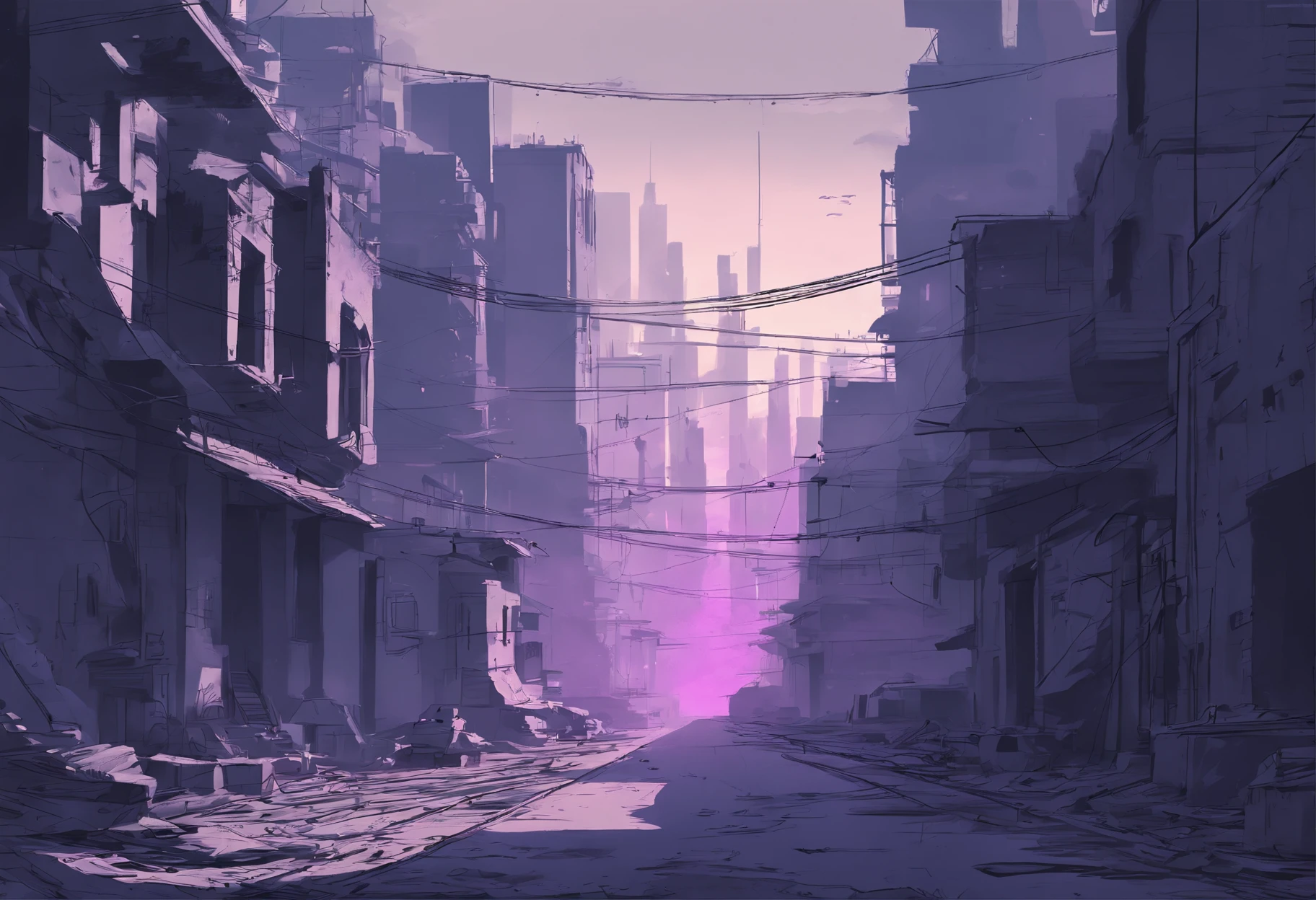 in a desolate and dystopian setting, with an abandoned cityscape covered by a dense fog. The predominant colors are shades of gray, azul escuro e violeta, creating a somber and melancholic atmosphere. The camera moves slowly through the empty streets, highlighting loneliness and emptiness, arte digital estilo lo-fi