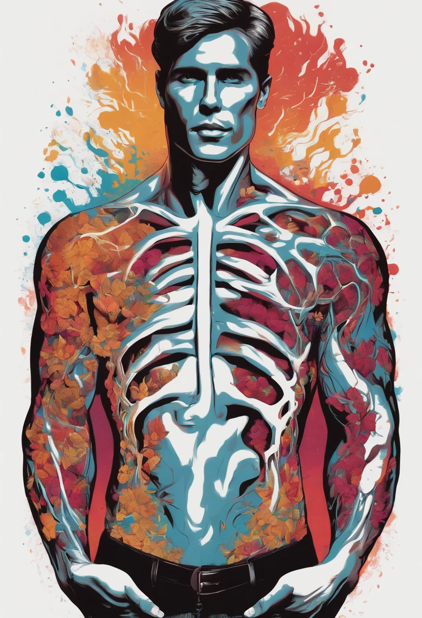 A T-shirt design of a male torso with guts pouring out of it