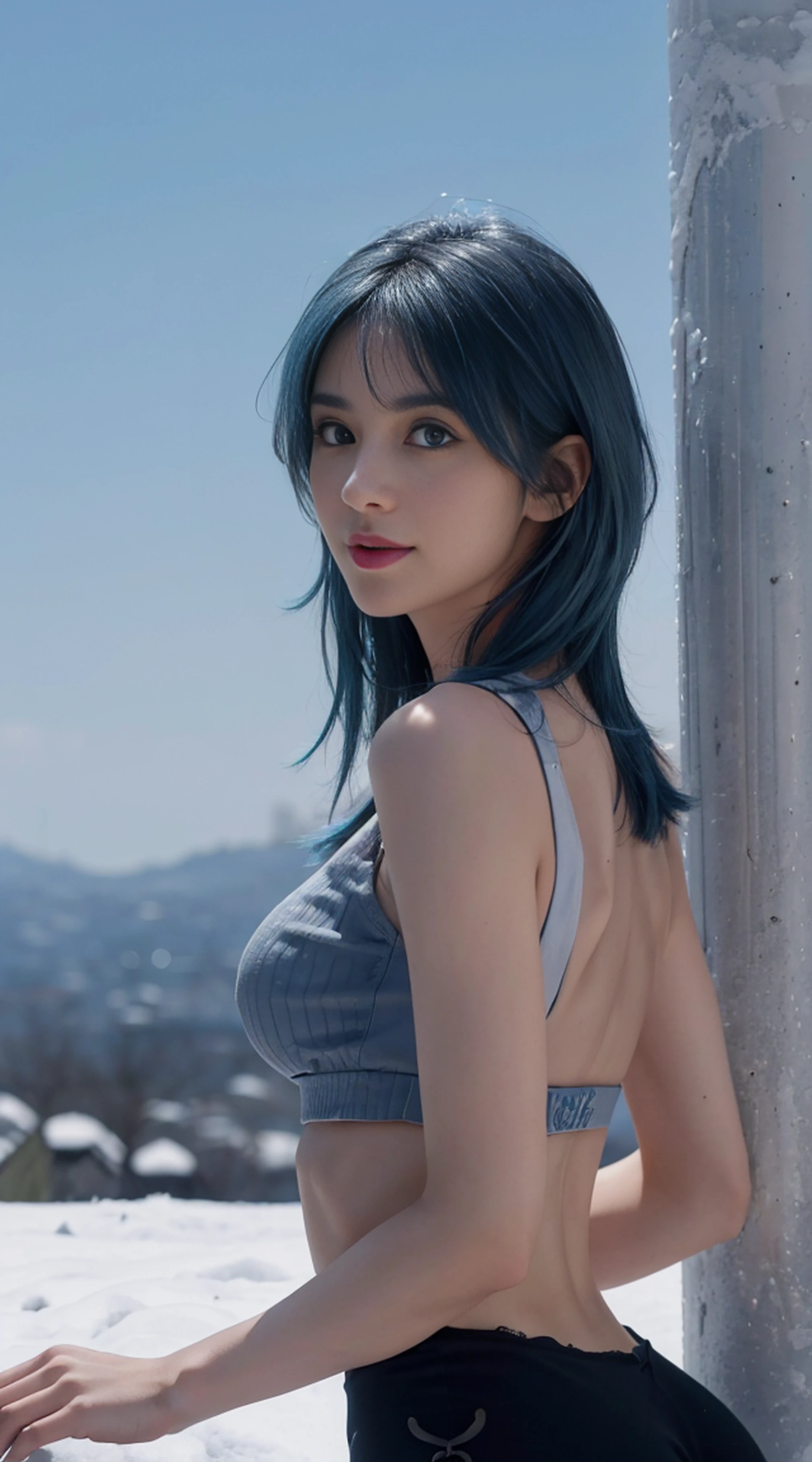8K, Top Quality, Intricate Details, Ultra Detail, Ultra High Resolution, Masterpiece, ((from behind)), Slender, Smile, (Makeup: 0.4), (Fluffy Blue Eyes: 1.21), blue Eyes, looking at background, ((full body)), 1girl, solo, 1 girl, (( full body)), close up shot, standing , ((tall)), (((fit body))), (((slim face))), sharp face, sharp eyes, (((sky blue hair, long hair, bangs)) (detailed face), sharp face, small lips, ((crop top)), detailed face, detailed breast, , large breast, detail ass, big ass, round ass , Beautiful girl with accentuated slender abs: 1.4, Six Pack Abs: 1.4, Bust Botox, Big, Perfect Body, detail leg, (( moonlight)), in the snow