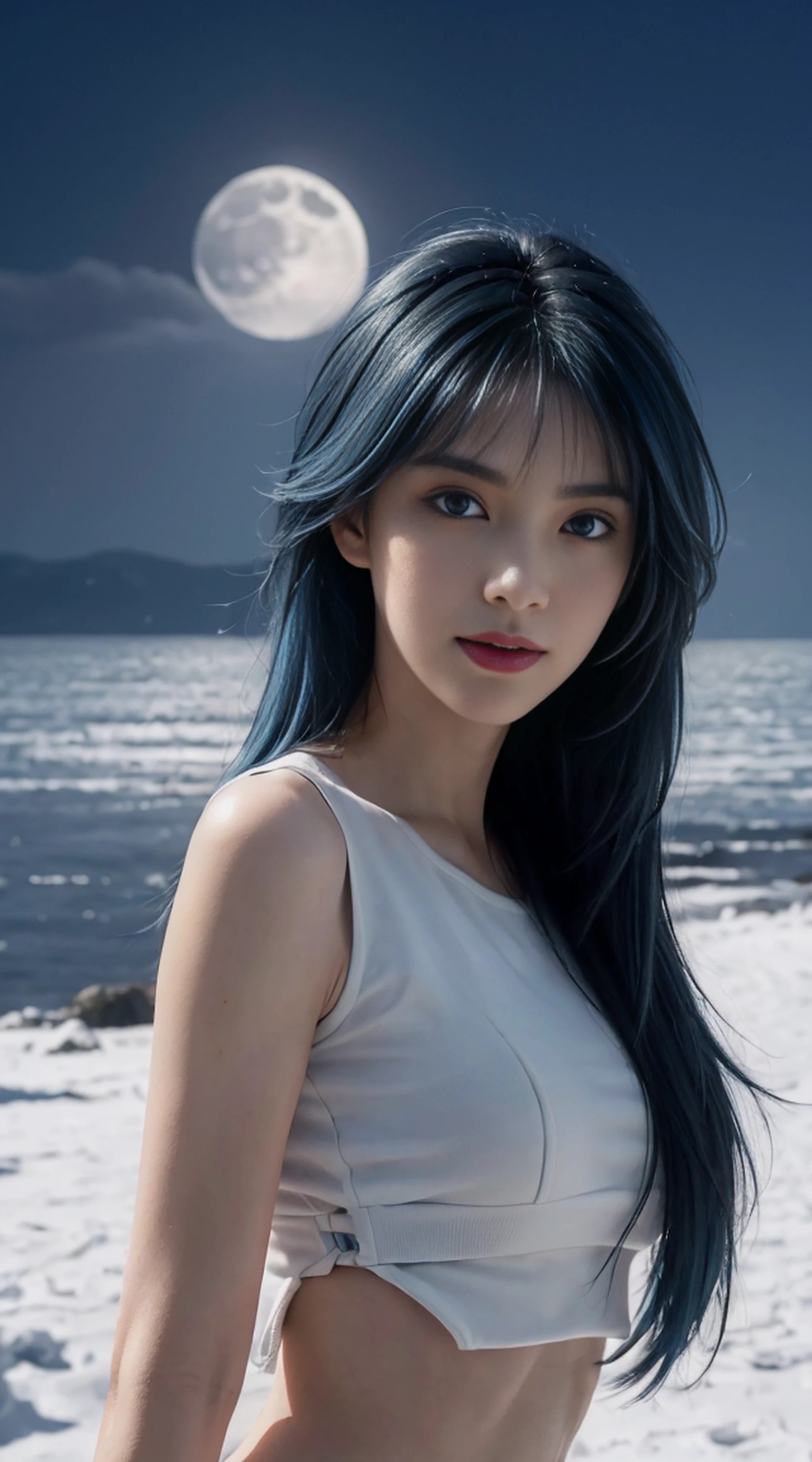 8K, Top Quality, Intricate Details, Ultra Detail, Ultra High Resolution, Masterpiece, random angle, Slender, Smile, (Makeup: 0.4), (Fluffy Blue Eyes: 1.21), blue Eyes, looking at viewer, ((full body)), 1girl, solo, 1 girl, (( full body)), close up shot, , ((tall)), (((fit body))), (((slim face))), sharp face, sharp eyes, (((sky blue hair, long hair, bangs )) , (detailed face), sharp face, small lips,
(( )), ((crop top,)), detailed face, detailed breast, , large breast, detail ass, , Beautiful girl with accentuated slender abs: 1.4, Six Pack Abs: 1.4, Bust Botox, Big, Perfect Body, detail leg, (( moonlight)), in the snow