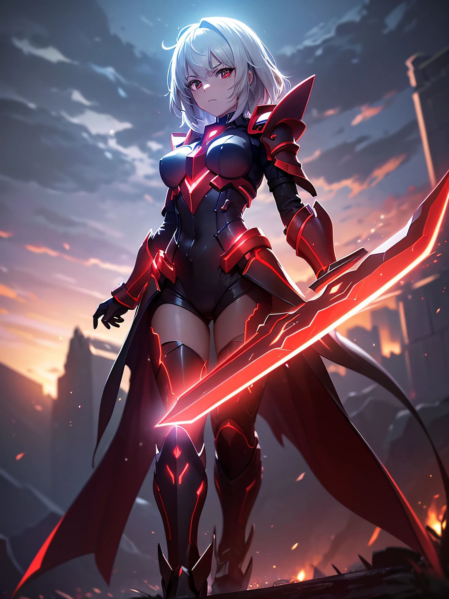 Elesis crimson avenger, totally dark background, dark, pointing her crimson sword downwards, air of superiority, barely visible sky, full body, photography, red scarlet tones, (ultra-realistic), {extremely detailed 8k CG unity wallpaper }, expansive landscape photography, (a low view that prioritizes the character and setting, wide open field view), (low angle shot), (high light: 1.7), (low light: 1.5), (source warm light: 1.2), complex details, (iridescent colors: 1.2), (bright lighting), (atmospheric lighting), dreamy, Elsword, Badass