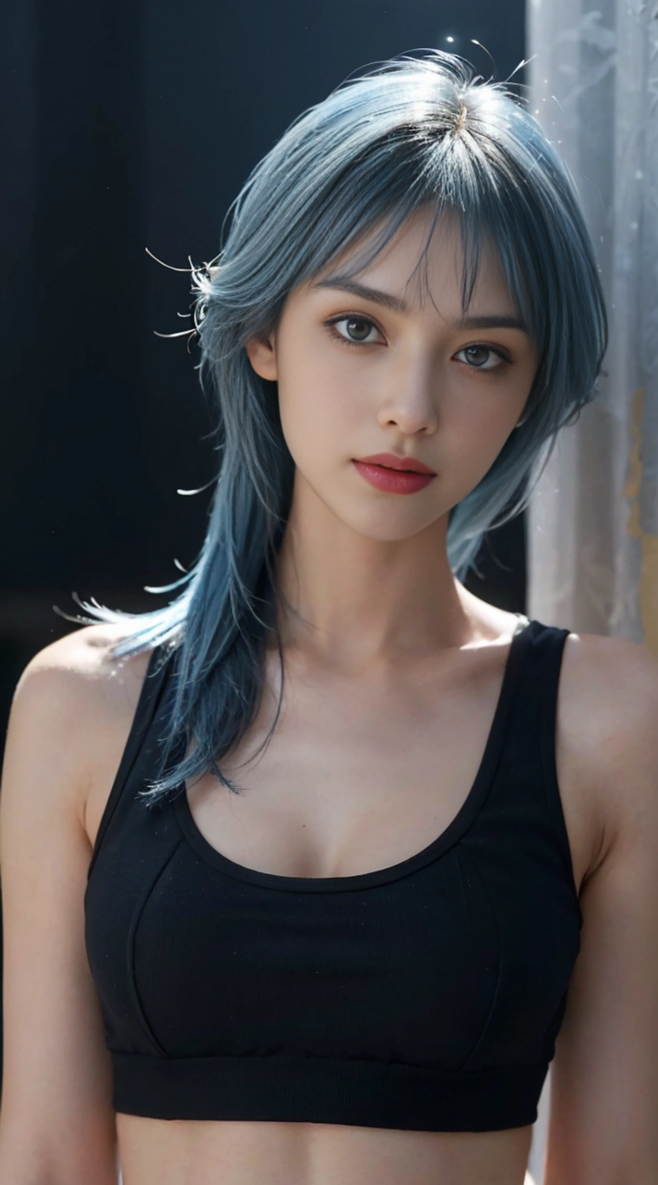 8K, Top Quality, Intricate Details, Ultra Detail, Ultra High Resolution, Masterpiece, random angle, Slender, Smile, (Makeup: 0.4), (Fluffy Blue Eyes: 1.21), blue Eyes, looking at viewer, ((full body)), 1girl, solo, 1 girl, (( full body)), close up shot, , ((tall)), (((fit body))), (((slim face))), sharp face, sharp eyes, (((sky blue hair, long hair, bangs )) , (detailed face), sharp face, small lips,
(( )), ((crop top,)), detailed face, detailed breast, , large breast, detail ass, , Beautiful girl with accentuated slender abs: 1.4, Six Pack Abs: 1.4, Bust Botox, Big, Perfect Body, detail leg, (( moonlight)), in the snow