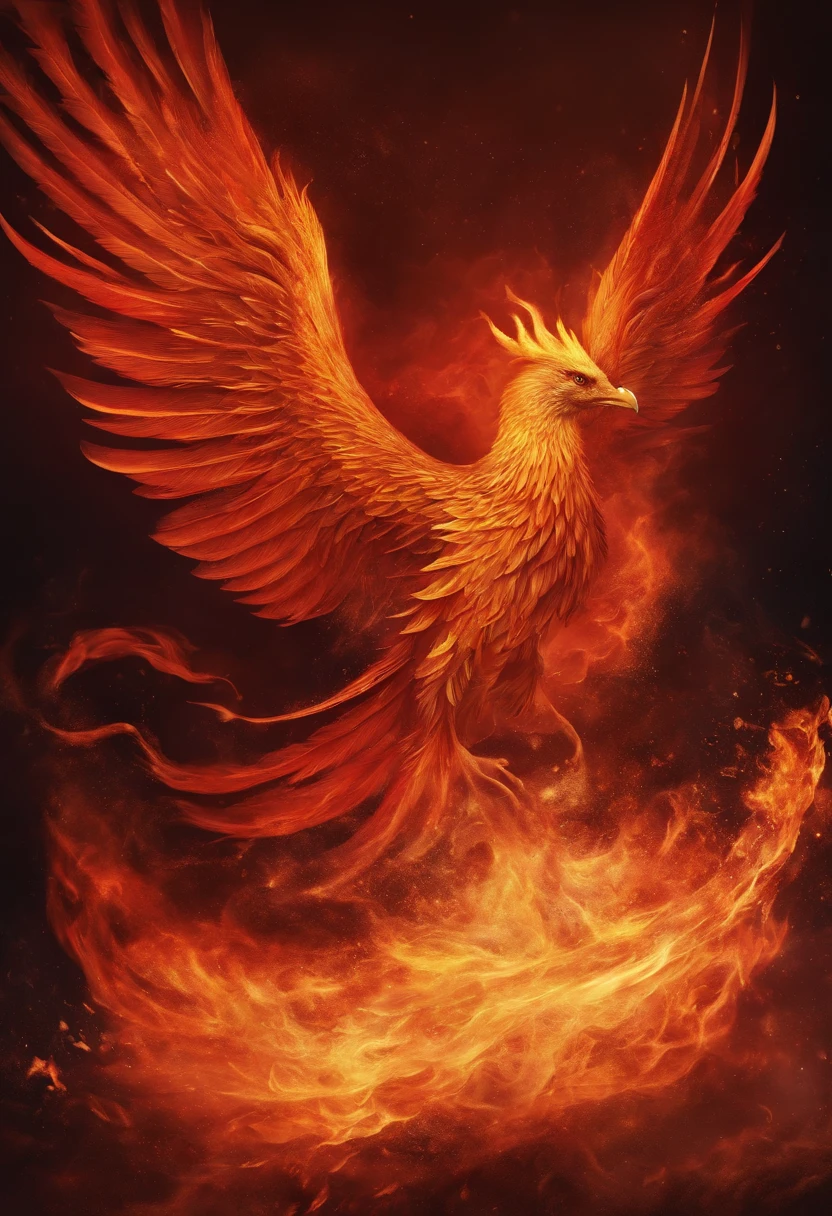 phoenix,Cultivando Imortais,water ink,Altas Colinas,auto-seguro,Osso da estrada do vento da fada,Blood flow in the background,The golden emblem of the Flame Phoenix, brilhantemente, um majestoso, All eyes were on the details of the Phoenix burning, atmosfera deslumbrante,Paleta de cores dourada e vermelha rica,