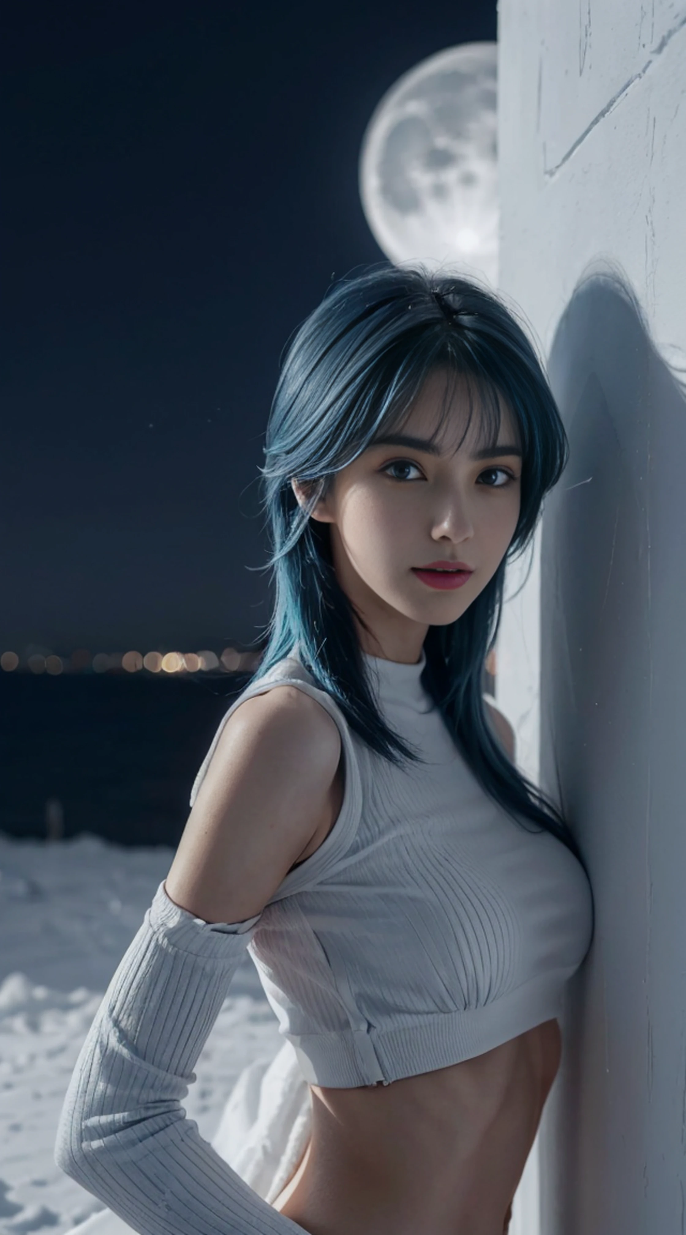 8K, Top Quality, Intricate Details, Ultra Detail, Ultra High Resolution, Masterpiece, random angle,  Slender, Smile, (Makeup: 0.4), (Fluffy Blue Eyes: 1.21), blue Eyes, looking at viewer, ((full body)), 1girl, solo, 1 girl, (( full body)), close up shot, , ((tall)), (((fit body))), (((slim face))), sharp face, sharp eyes, (((sky blue hair,  long hair, bangs )) , (detailed face), sharp face, small lips, 
 (( )), ((crop top,)),  detailed face, detailed breast, , large breast, detail ass, , Beautiful girl with accentuated slender abs: 1.4, Six Pack Abs: 1.4, Bust Botox, Big, Perfect Body, detail leg, (( moonlight)), in the snow