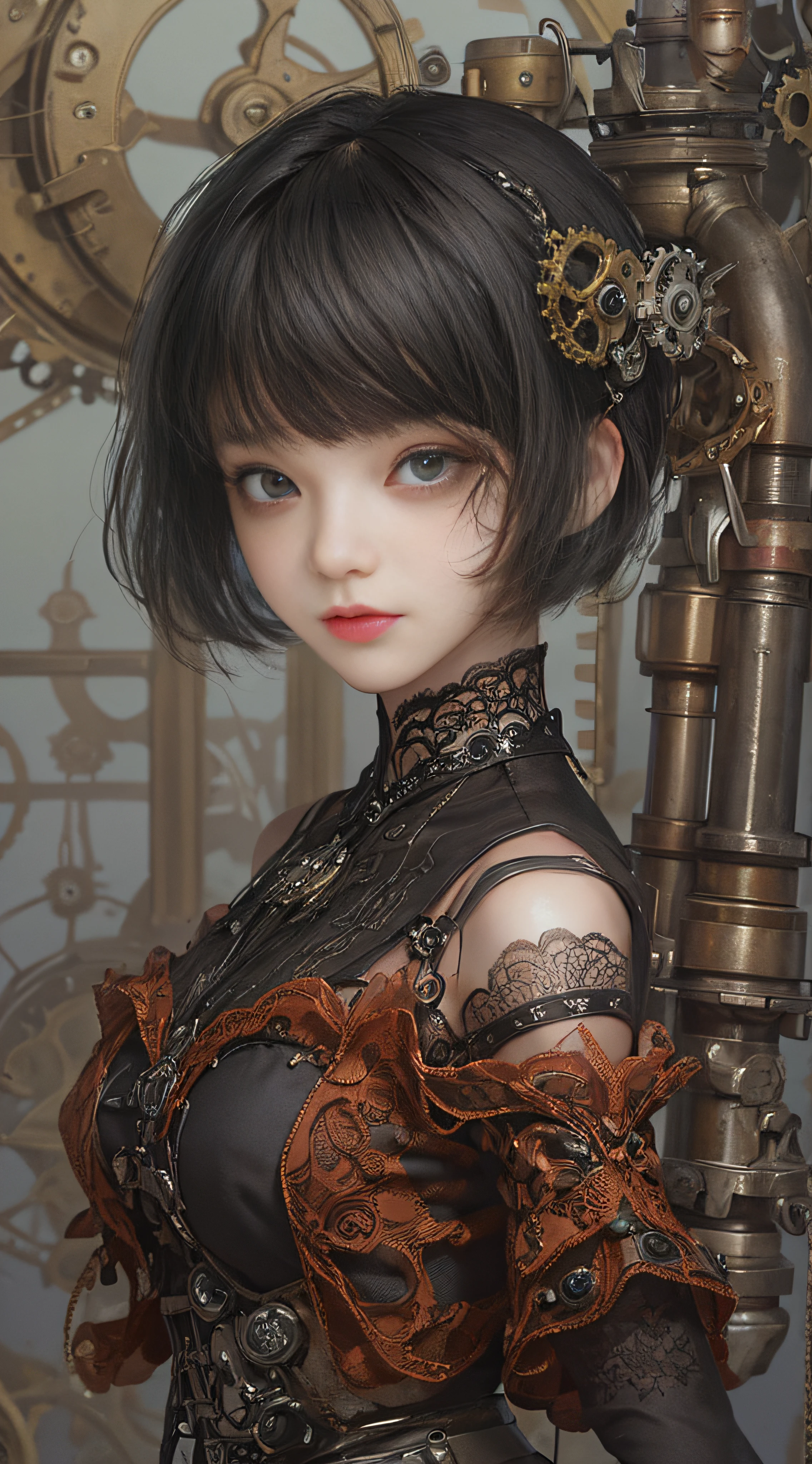 (((Masterpiece, top quality, super detailed))), One female, (((Very Slender body))) , (((Long, thin legs))), (((short black bob, thick puffy bangs ))), (((very detailed face))), cosmetics-free, small thin nose, small thin-lipped mouth, (((very sharp focused eyes))), large slit precision pale grey eyes, sparkling like jewels, Long eyelashes, ((Very decorative intricate mechanical steampunk fashion, Lace Flared mini skirt, Lace stockings above the knee, Lace Off-shoulder ta fashion, Overly decorative fashion)), The night an abandoned, intricately mechanized steampunk factory burns and explodes, (((overall accuracy has improved dramatically, creating a super detailed and realistic image))), Super realistic photo.