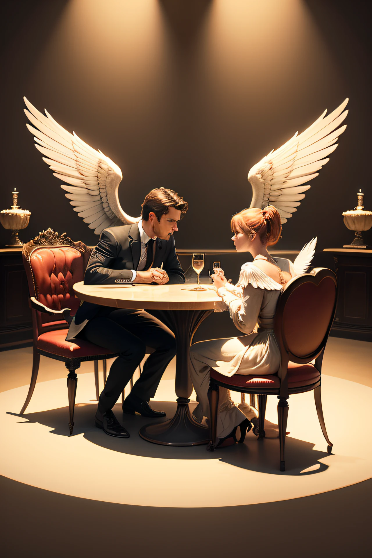a man and a woman sitting on the chairs at the table and standing an archangel with his wings spread