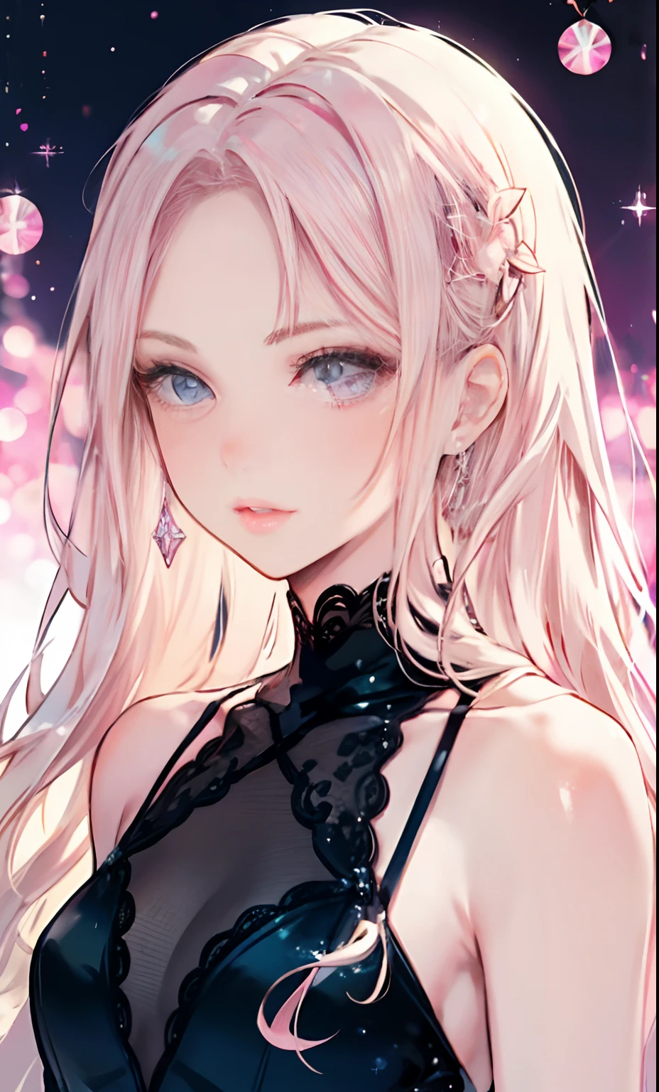 Detailed depiction of the face，1 Lady，a matural female，Black Dress Long Dress，(Pink White Long Hair)，(Dark night background+)，prom，Court etiquette，  face perfect， Perfect lips， perfect  eyes， Perfect background