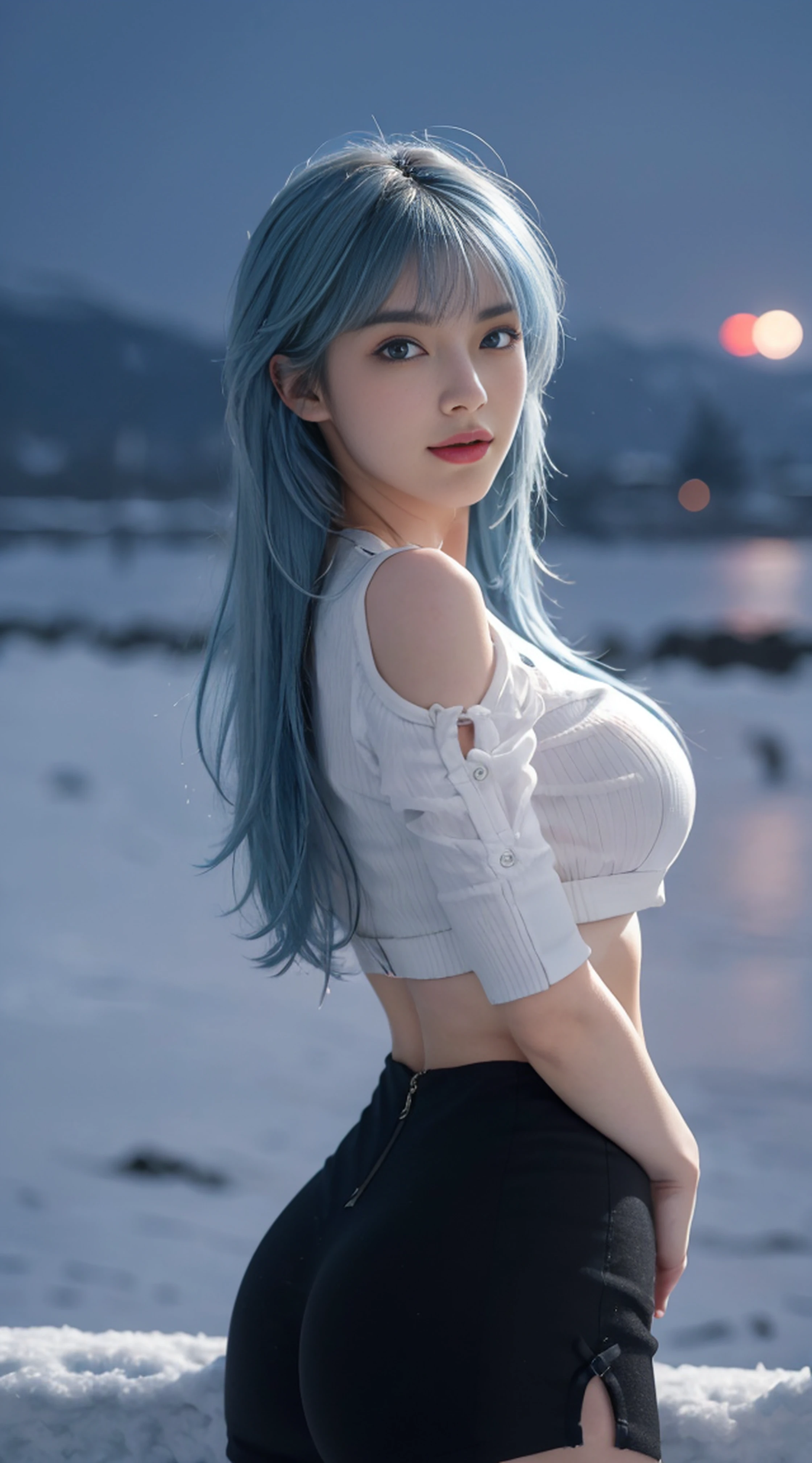 8K, Top Quality, Intricate Details, Ultra Detail, Ultra High Resolution, Masterpiece, ((from behind)), Slender, Smile, (Makeup: 0.4), (Fluffy Blue Eyes: 1.21), blue Eyes, looking at background, ((full body)), 1girl, solo, 1 girl, (( full body)), close up shot, standing , ((tall)), (((fit body))), (((slim face))), sharp face, sharp eyes, (((sky blue hair, long hair, bangs)) (detailed face), sharp face, small lips, ((crop top)), detailed face, detailed breast, , large breast, detail ass, big ass, round ass , Beautiful girl with accentuated slender abs: 1.4, Six Pack Abs: 1.4, Bust Botox, Big, Perfect Body, detail leg, (( moonlight)), in the snow