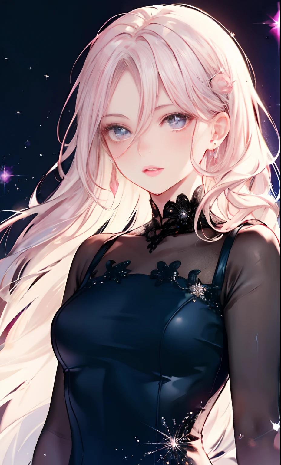 Detailed depiction of the face,1 Lady,a matural female,Black Dress Long Dress,(Pink White Long Hair),(Dark night background+),prom,Court etiquette, face perfect, Perfect lips, perfect eyes, Perfect background