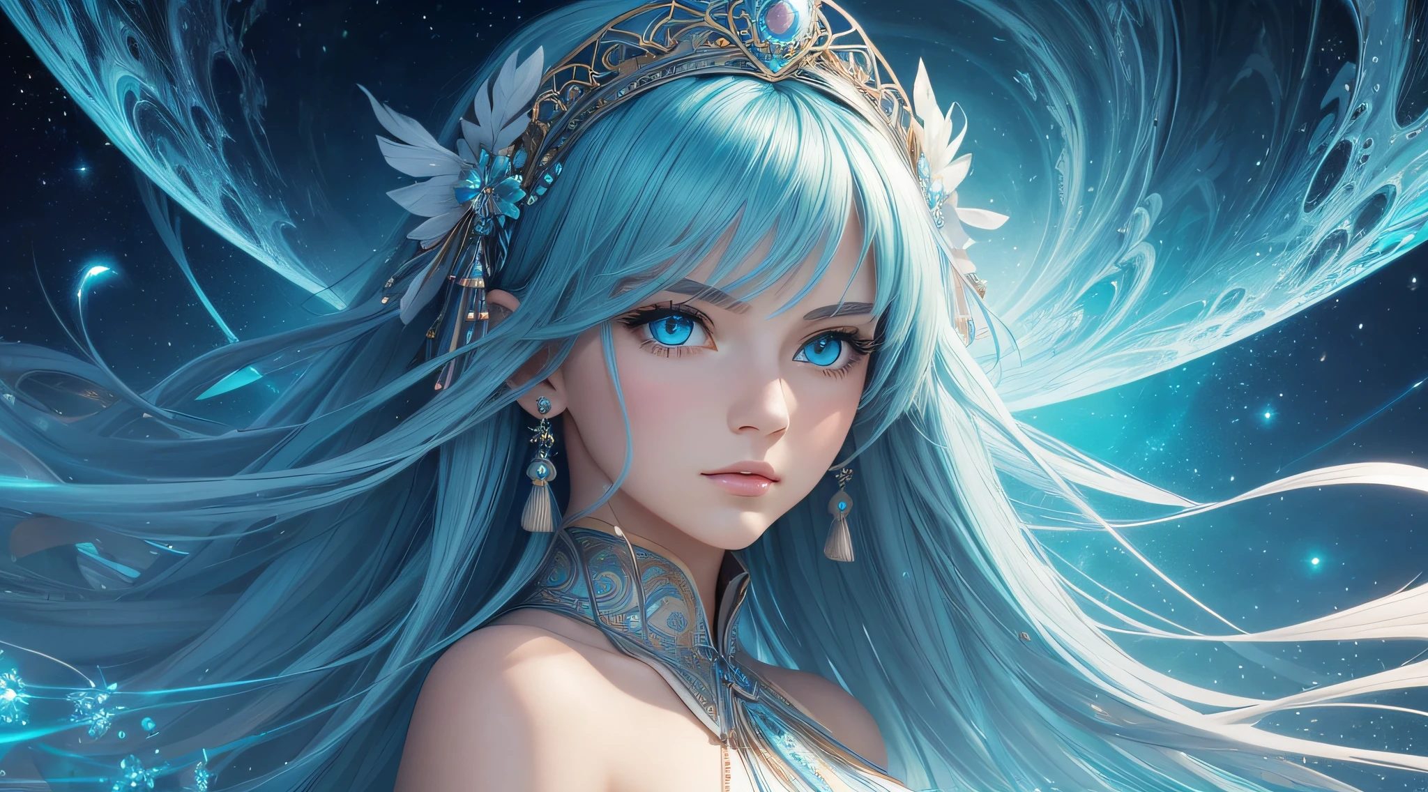 (Masterpiece, Top Quality, Best Quality, Official Art, Beauty and Aesthetics: 1.2), (1girl: 1.3), (Fractal Art: 1.3), Vibrant Aqua Blue Eyes, Medium Hair with Tassels, Nude Midpart