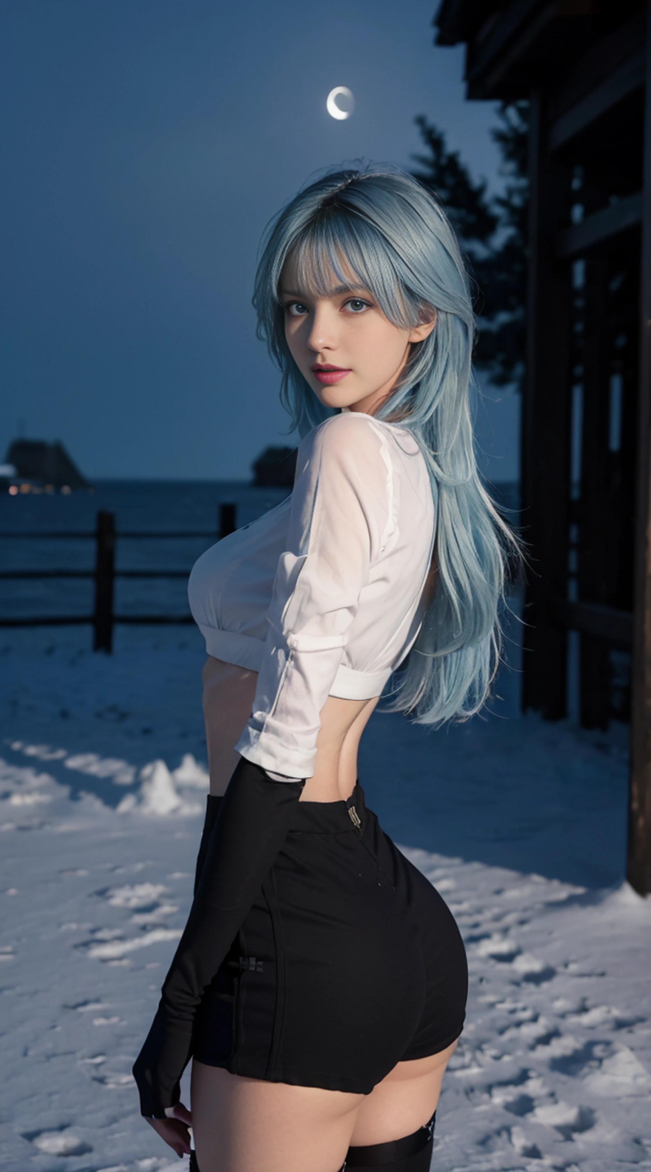 8K, Top Quality, Intricate Details, Ultra Detail, Ultra High Resolution, Masterpiece, ((from behind)), Slender, Smile, (Makeup: 0.4), (Fluffy Blue Eyes: 1.21), blue Eyes, looking at background, ((full body)), 1girl, solo, 1 girl, (( full body)), close up shot, standing , ((tall)), (((fit body))), (((slim face))), sharp face, sharp eyes, (((sky blue hair, long hair, bangs)) (detailed face), sharp face, small lips, ((crop top)), detailed face, detailed breast, , large breast, detail ass, big ass, round ass , Beautiful girl with accentuated slender abs: 1.4, Six Pack Abs: 1.4, Bust Botox, Big, Perfect Body, detail leg, (( moonlight)), in the snow